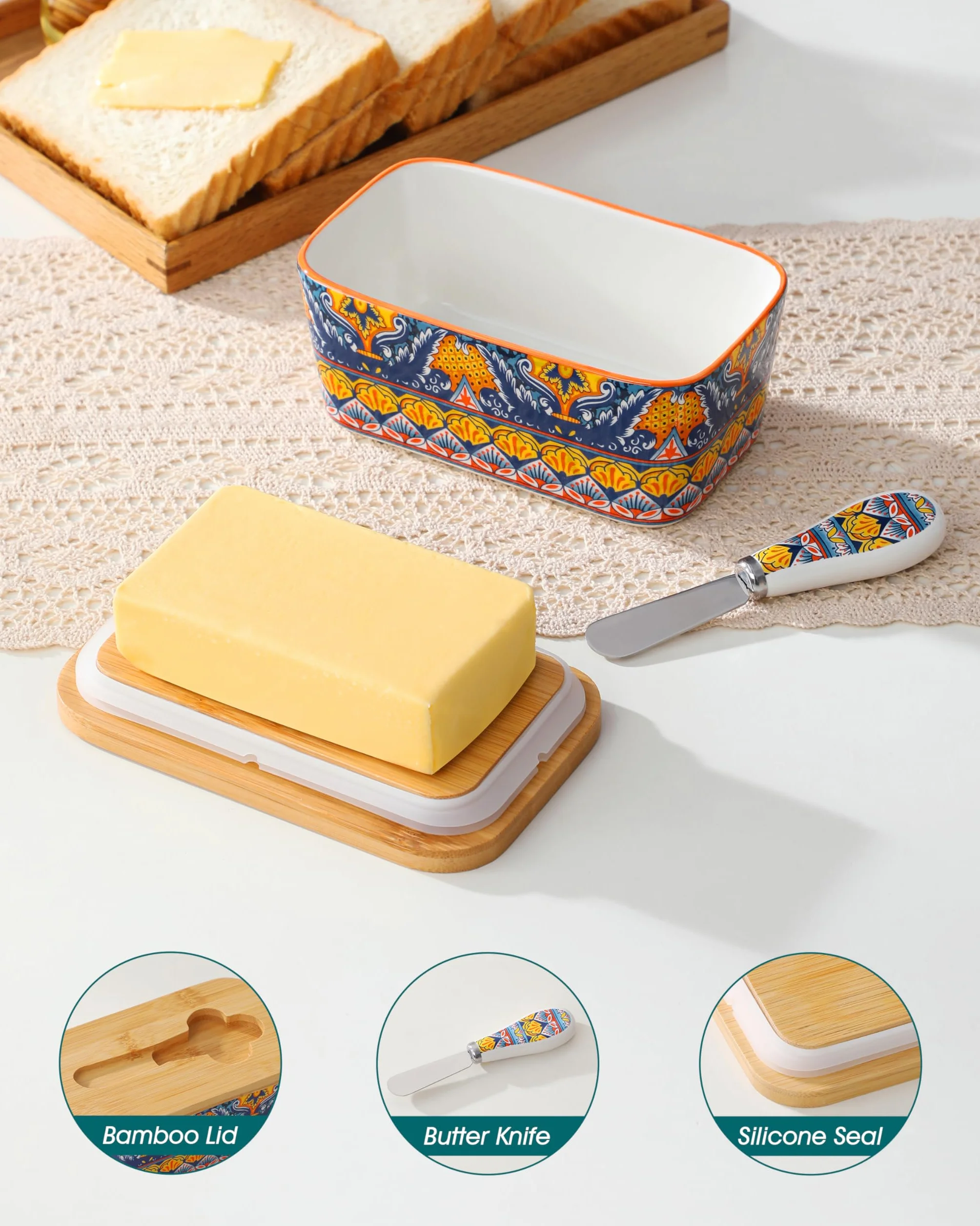 vancasso KRVI maselniczka z pokrywką, 16,5 cm, do blatu roboczego, ceramiczny pojemnik na masło z nożem i bambusową pokrywką, 06