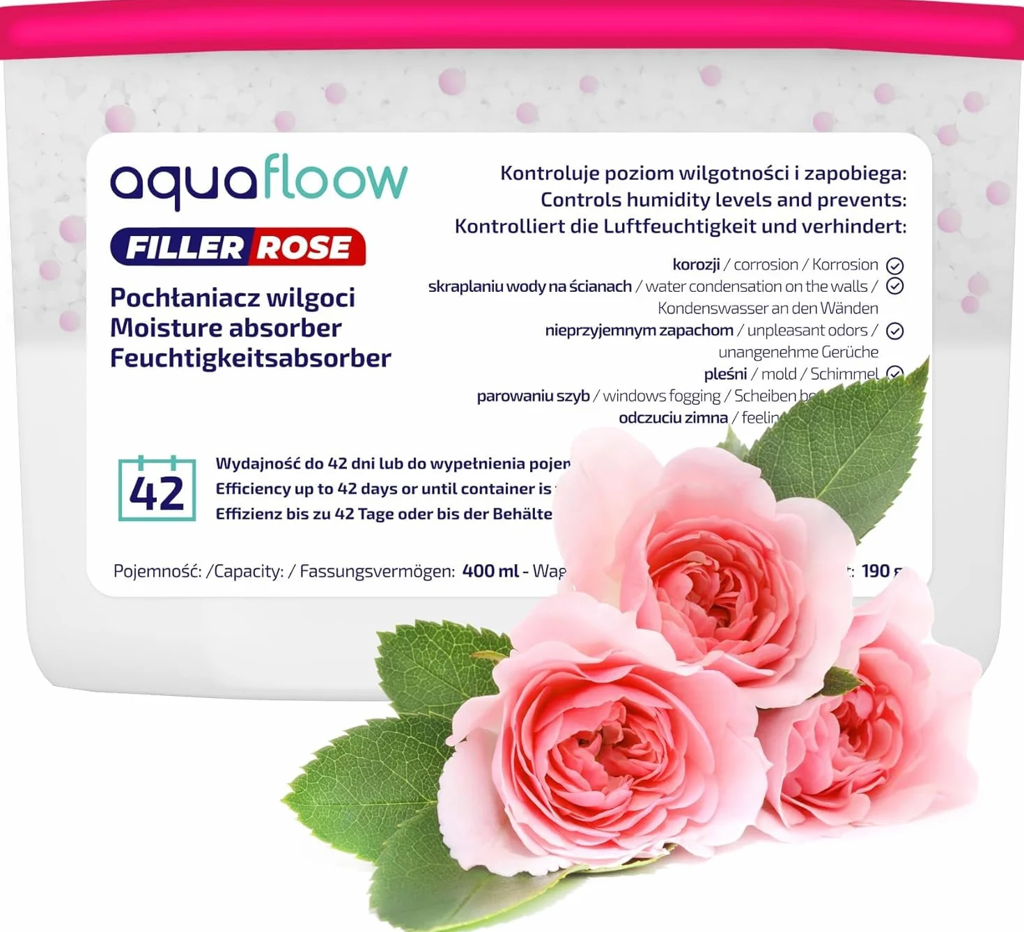 Aquafloow Osuszacz Pokojowy 400 ml, Pochłaniacz Wilgoci z Granulkami ROSE, Neutralizator Zapachów