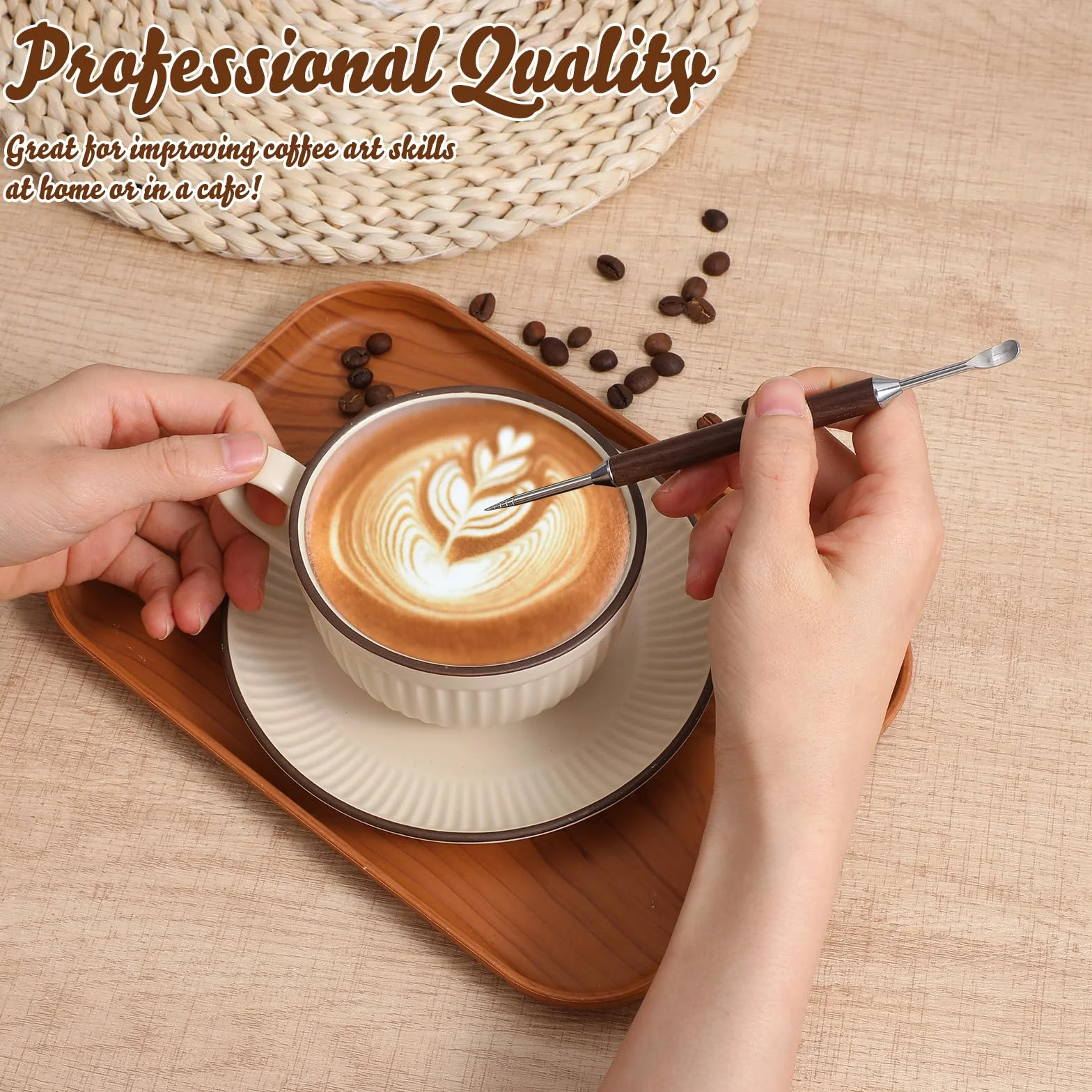 Długopisy do kawy, 2 sztuki, 16 cm, dwustronne pisaki latte art, ze stali nierdzewnej z drewnianym uchwytem, profesjonalne pisaki barista latte art, do cappuccino, latte, espresso, 2