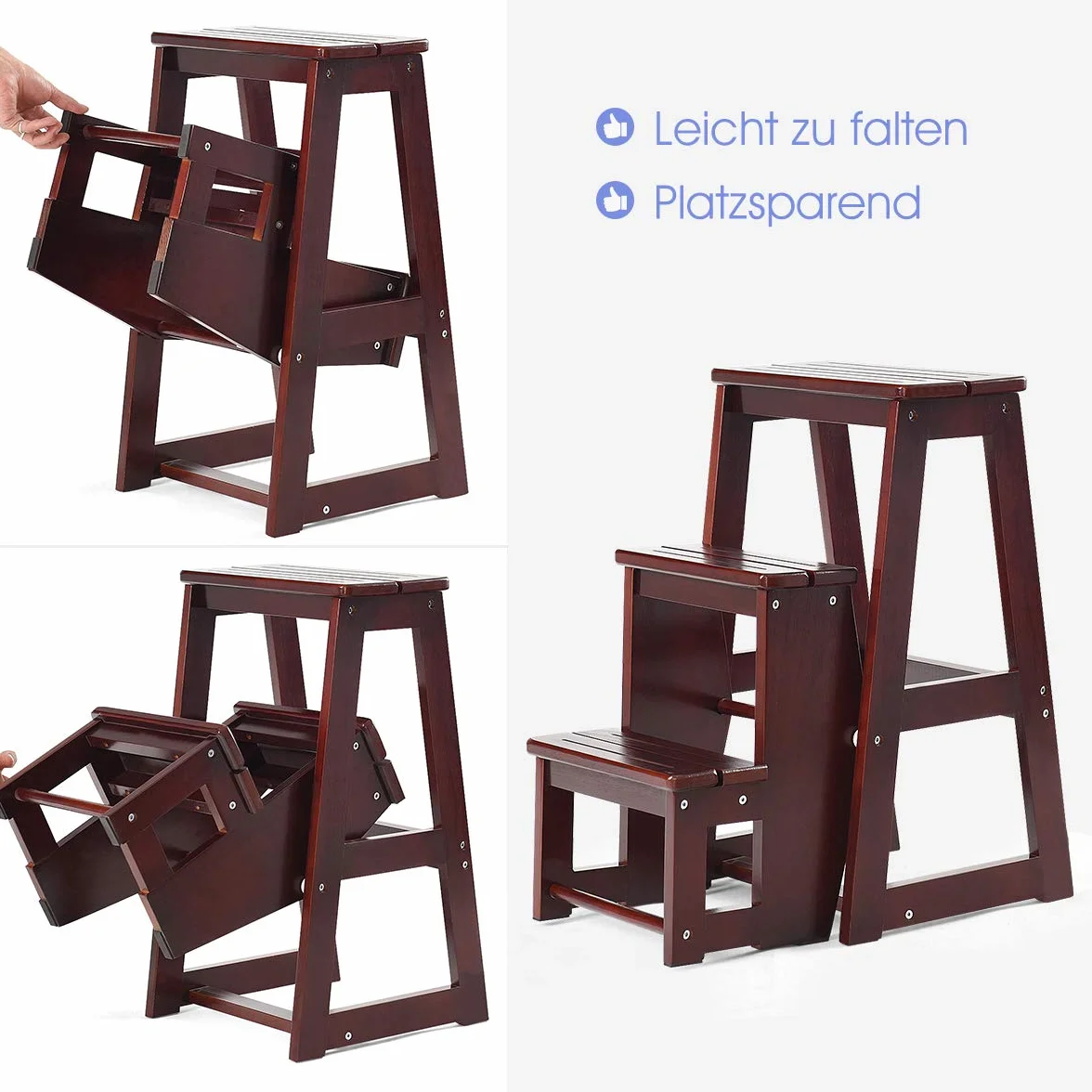 GOPLUS Krzesło Drabinkowe 3 Stopnie Składany Taboret Drewniany Sosna Ładowność 130 kg Brązowy