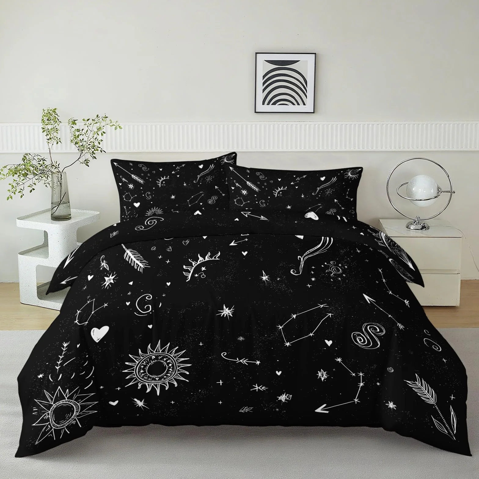 Czarna pościel 220 x 240 cm, poszewka na kołdrę z mikrofibry, z zamkiem błyskawicznym – motyw niebiański zodiaku, słońce, księżyc, oddychająca poszewka na kołdrę, zestaw 3-częściowy, dla niemowląt