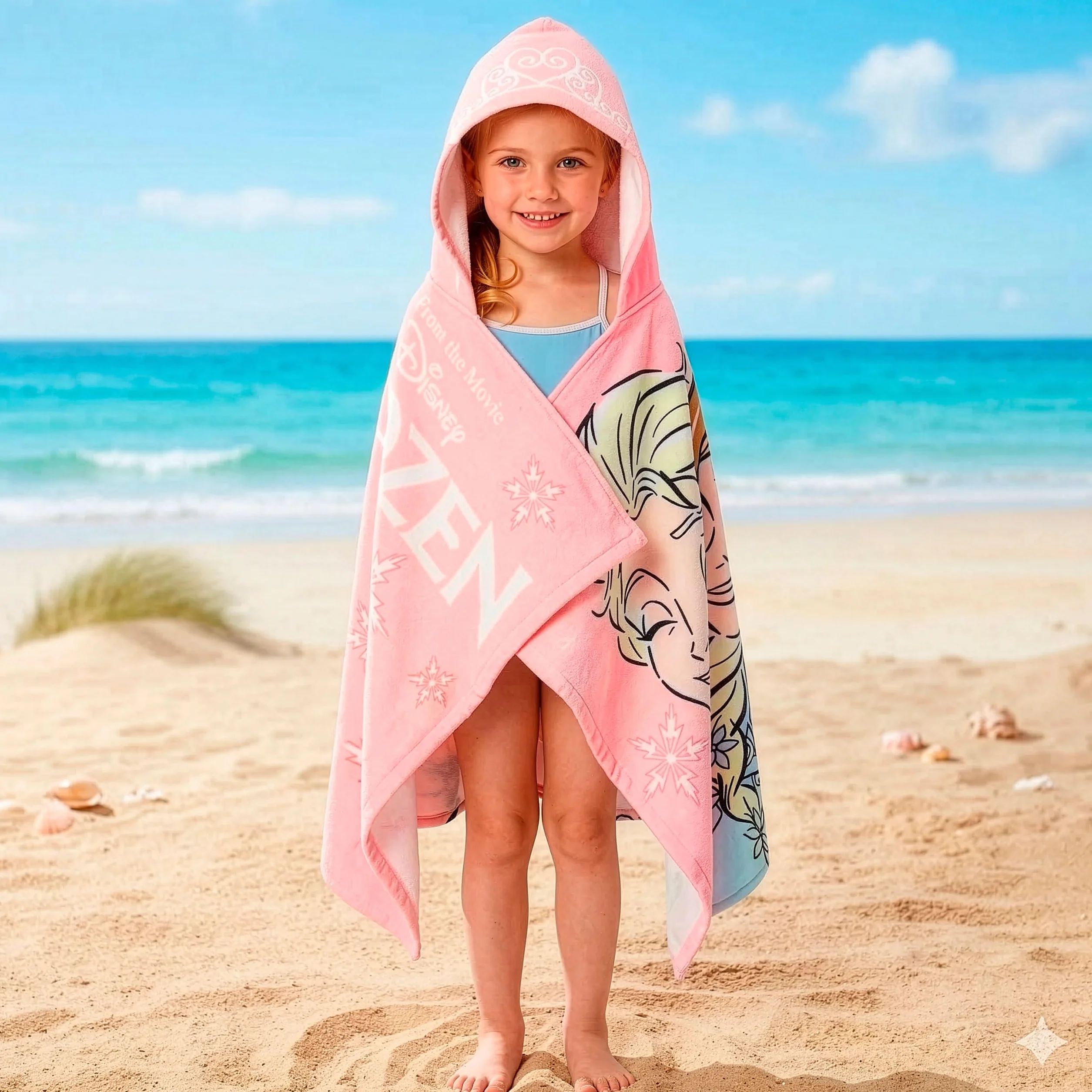 Disney Frozen Ręcznik Kąpielowy dla Dziewczynek, Elsa i Anna, Ręcznik z Kapturem do Noszenia, Plażowy i Basenowy, Różowy, Jeden Rozmiar