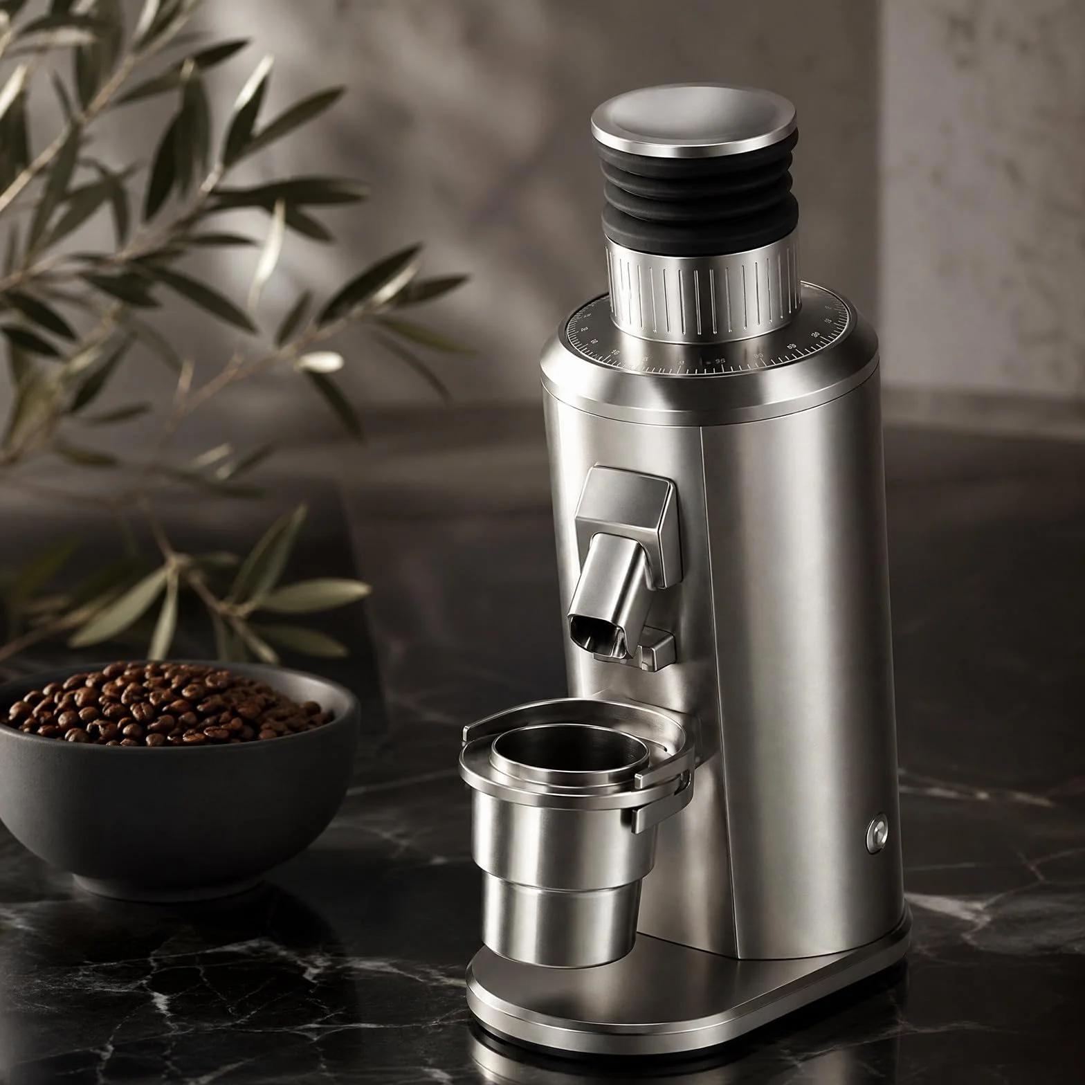 Single dose młynek burr elektryczny espresso – 80mm płaskie żarna, mikroregulacja, niska retencja, trwały, pro, dom & studio Silver
