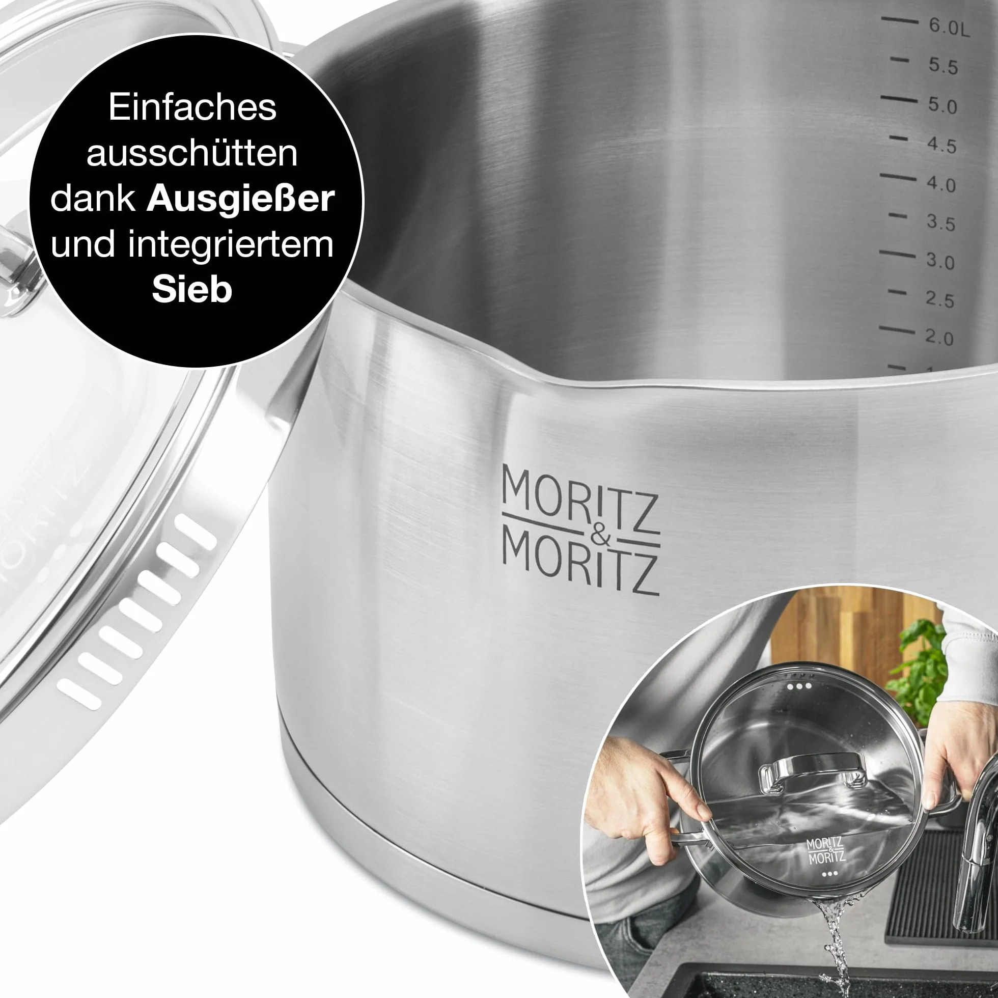 Moritz & Moritz Garnek do gotowania ze stali nierdzewnej 24 cm z sitkiem w pokrywie – skala do 6 l – nadaje się do wszystkich rodzajów kuchenek – idealny do zup i dań jednogarnkowych
