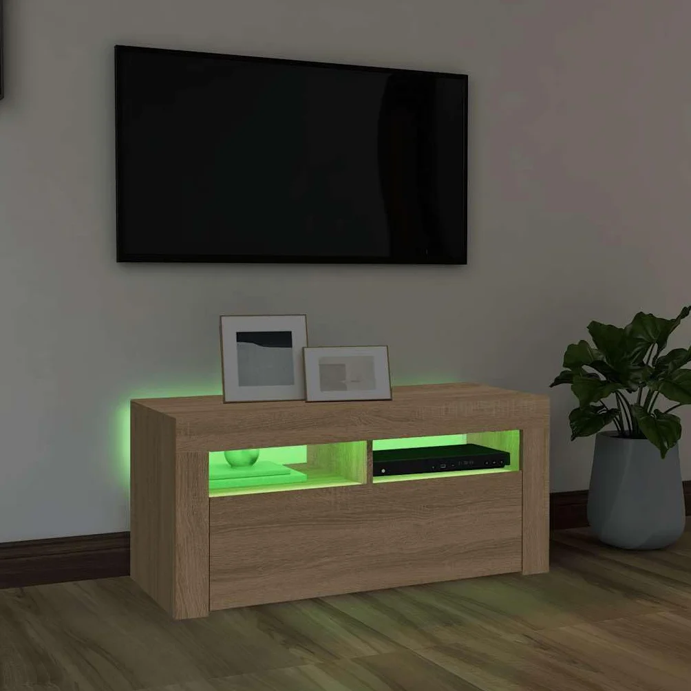 Szafka pod telewizor z diodami LED, dąb Sonoma 90 x 35 x 40 cm, nowoczesna szafka pod telewizor, wytrzymała uniwersalna podstawka pod telewizor, konsola multimedialna do salonu