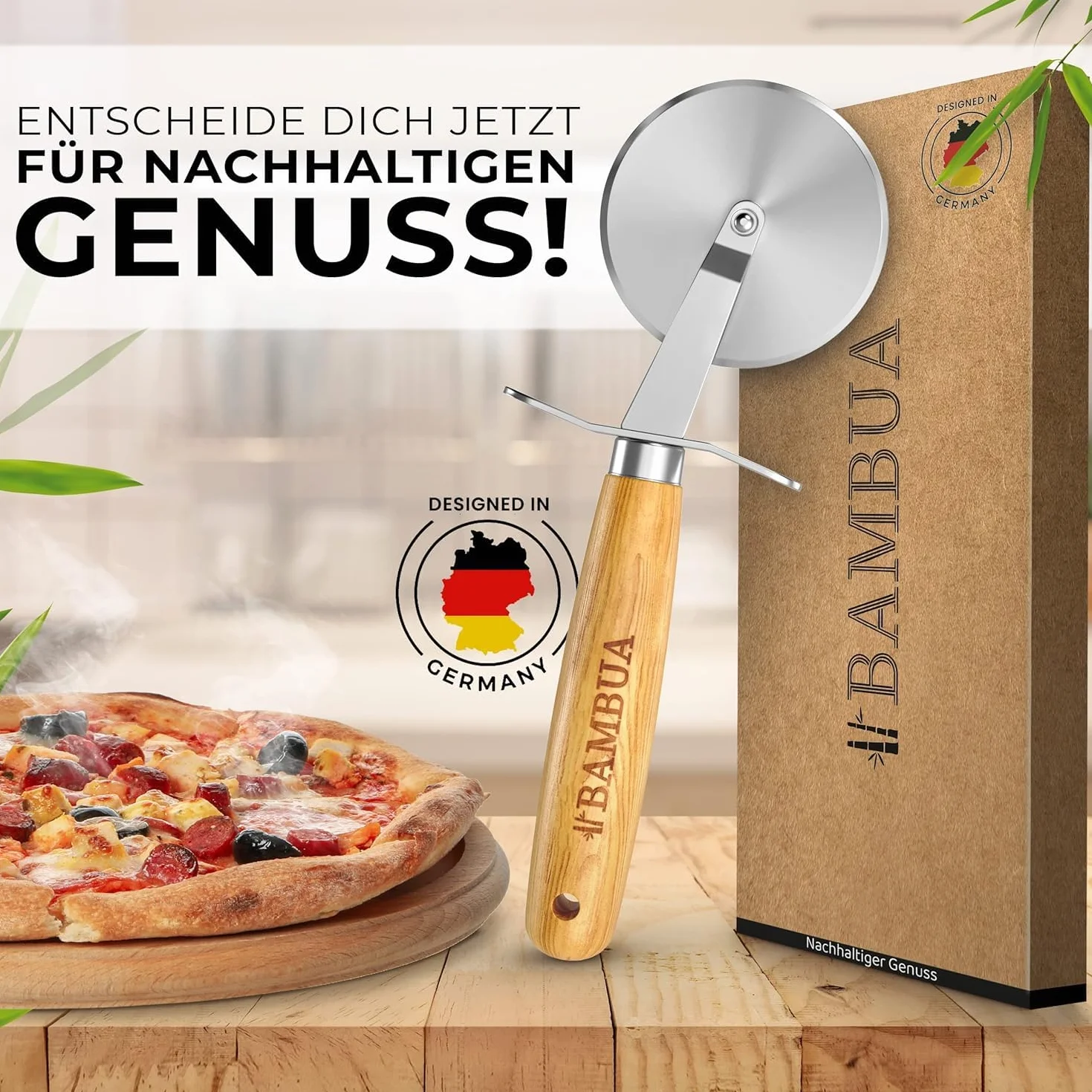 BAMBUA Nożyk do pizzy - [100% bez plastiku] Rolkowy nóż do pizzy z eleganckim uchwytem bambusowym - Wykonany z bambusa Moso - Wysokiej jakości ostrze ze stali nierdzewnej - Premium nożyk do pizzy
