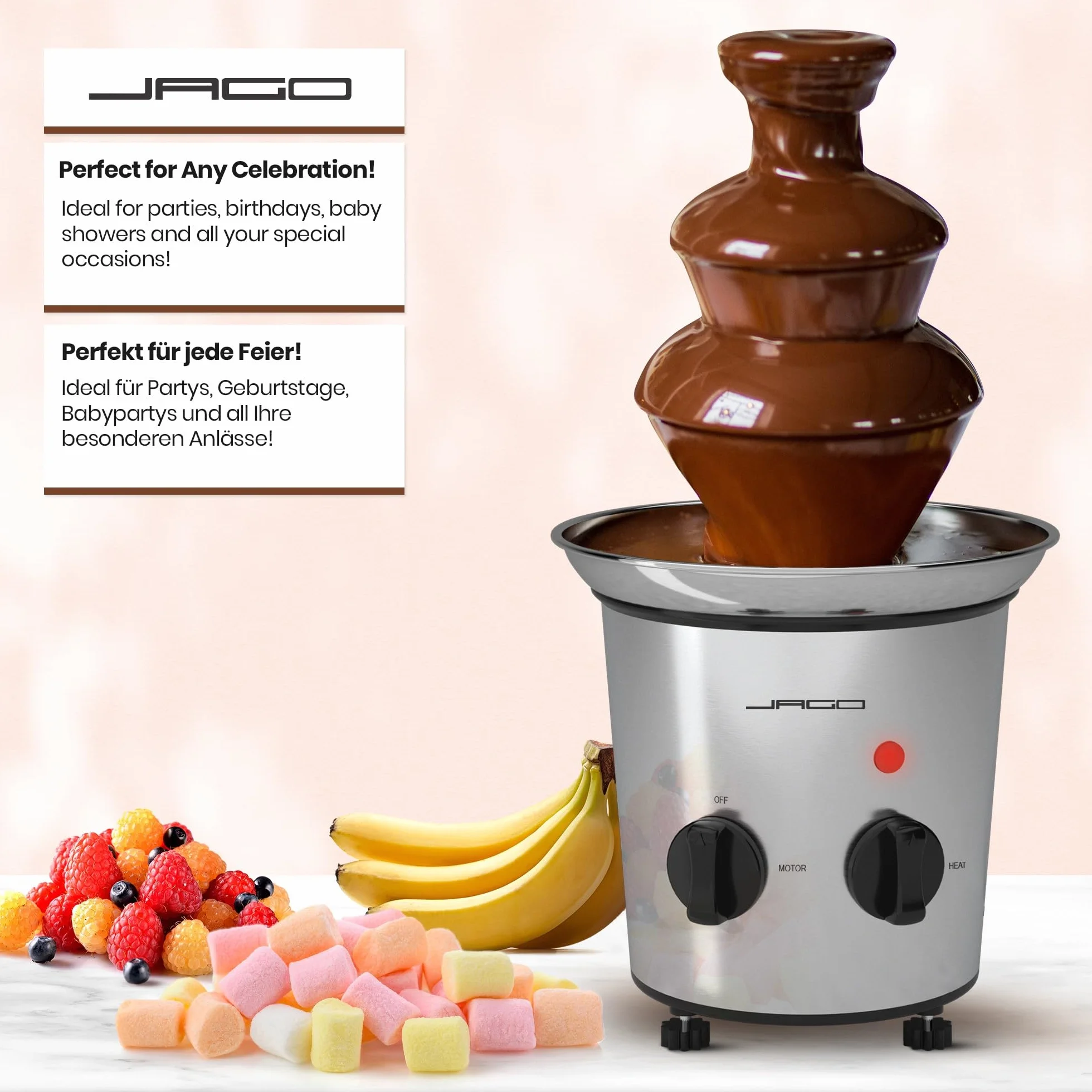 Jago® Fontanna czekoladowa 275 W – 3 poziomy, 1 kg, stal nierdzewna, zmywarka, srebrna – fondue, czekoladowe fondue