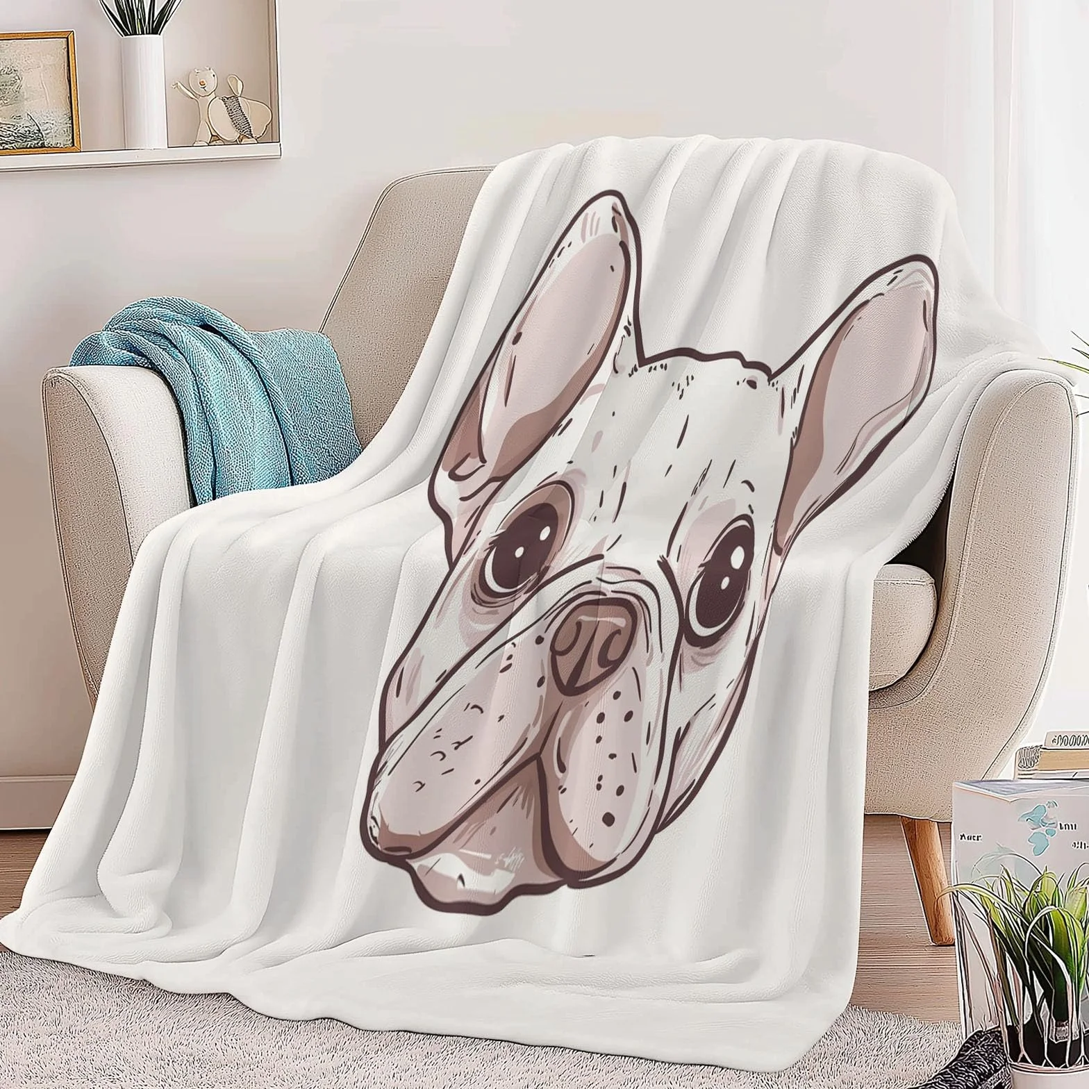 Koc polarowy w linie francuskich buldogów, narzuta na sofę polarową, koc na łóżko 2-osobowe, gruby miękki i ciepły, wysokiej jakości pled 220 x 240 cm Biały