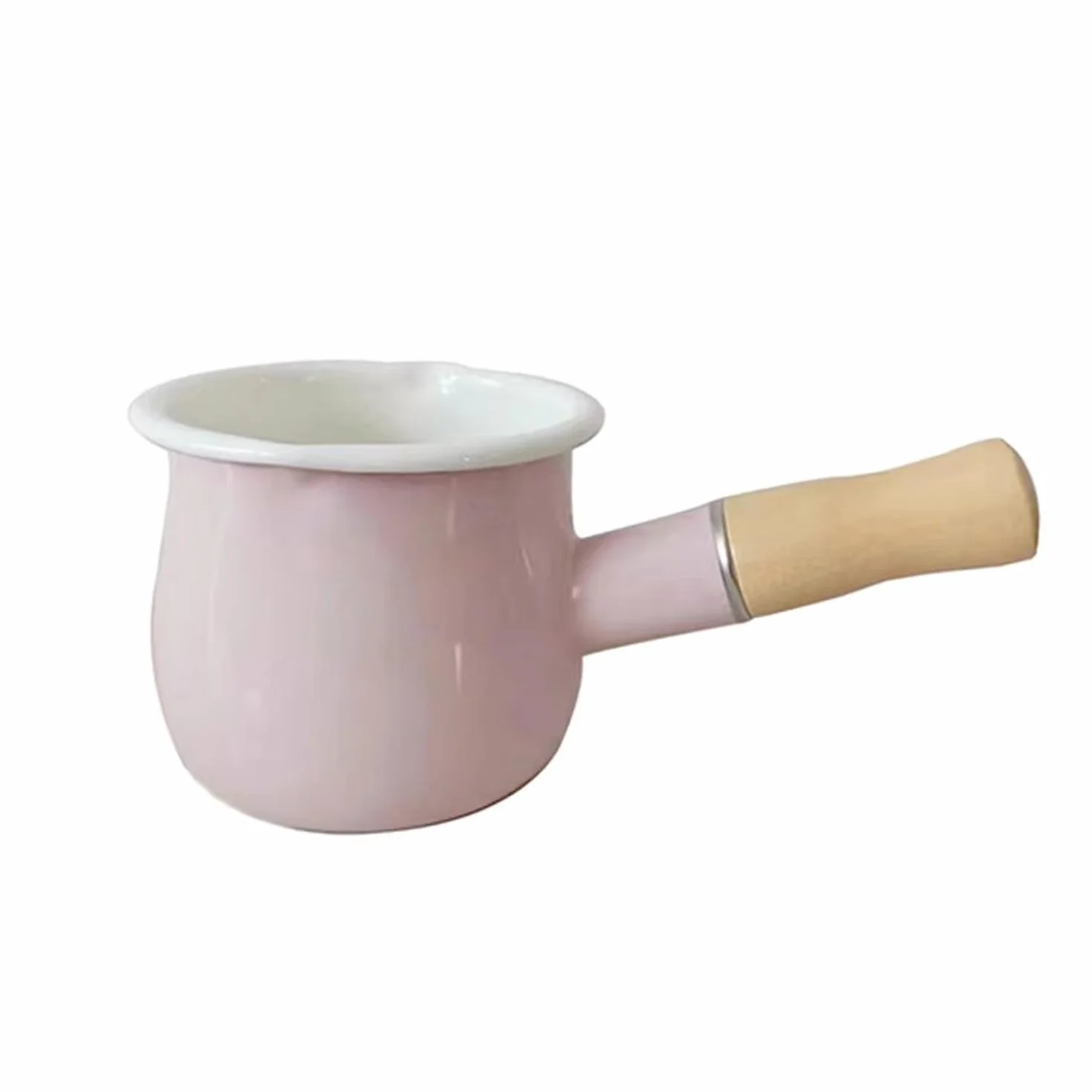 Emaliowany garnek na mleko, podgrzewacz do masła, nieprzywierający mini rondel, 10 cm, 500 ml, małe naczynia kuchenne z drewnianym uchwytem (różowy)