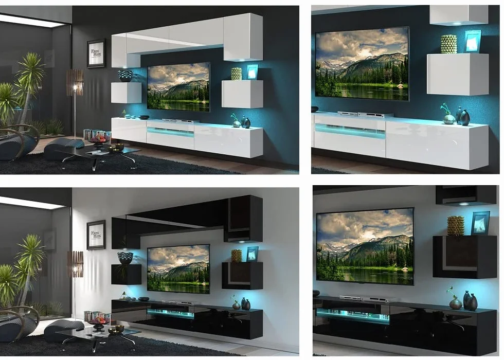 Furnitech Meblościanka do salonu – meble z diodami LED RGB – 16 kolorów – wisząca szafka nowoczesna – szafka pod telewizor (Besta GAN1-17W-HG21 1B)