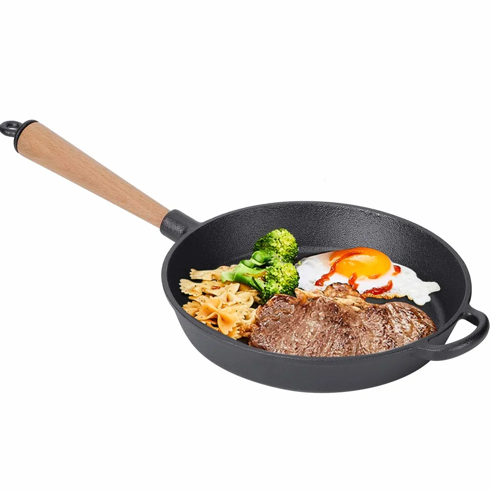 Patelnia żeliwna Patelnia do steków Gruba, wytrzymała patelnia z odpinanym drewnianym uchwytem do kuchni, restauracji Do użytku domowego Czarny 22 cm 24 cm 26 cm (Patelnia z drewnianą rączką o