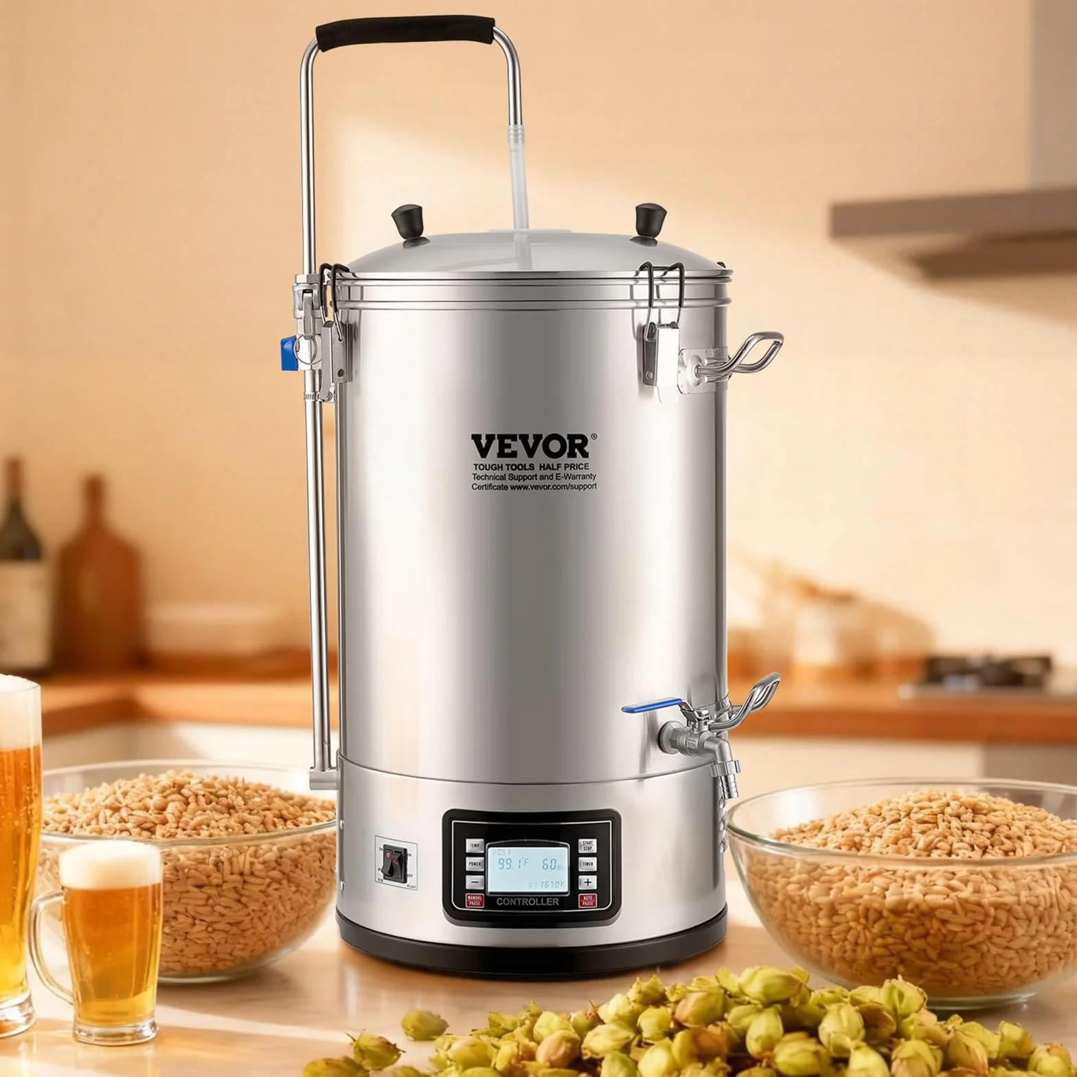 Vevor Electric Brewing System 8 Gal Home Beer Brewer Auto/Manual Garnek do Produkcji Piwa, Srebrny, 35 litrów
