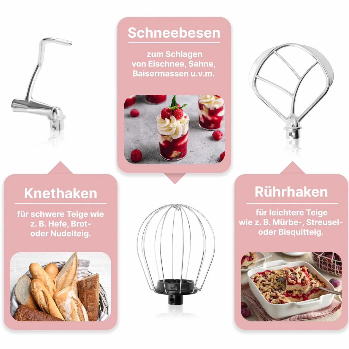 Bomann® Robot kuchenny w stylu retro, 5 l, z mocnym silnikiem 1100 W, w zestawie z hakiem i trzepaczką, w stylu retro, ochrona przed pryskaniem, z otworem do napełniania – KM 6030 CB różowy