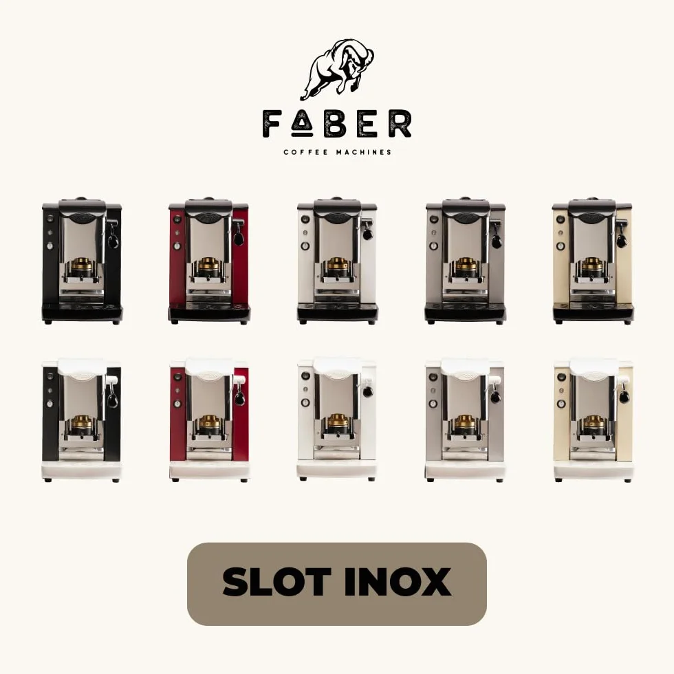 FABER COFFEE MACHINES | Model z wbudowanym gniazdem ze stali nierdzewnej | Ekspres do kawy 44 mm | Kolor czarny z tworzywa sztucznego Burgundowy | Mosiężna prasa do kapsułek (czarny/czarny)