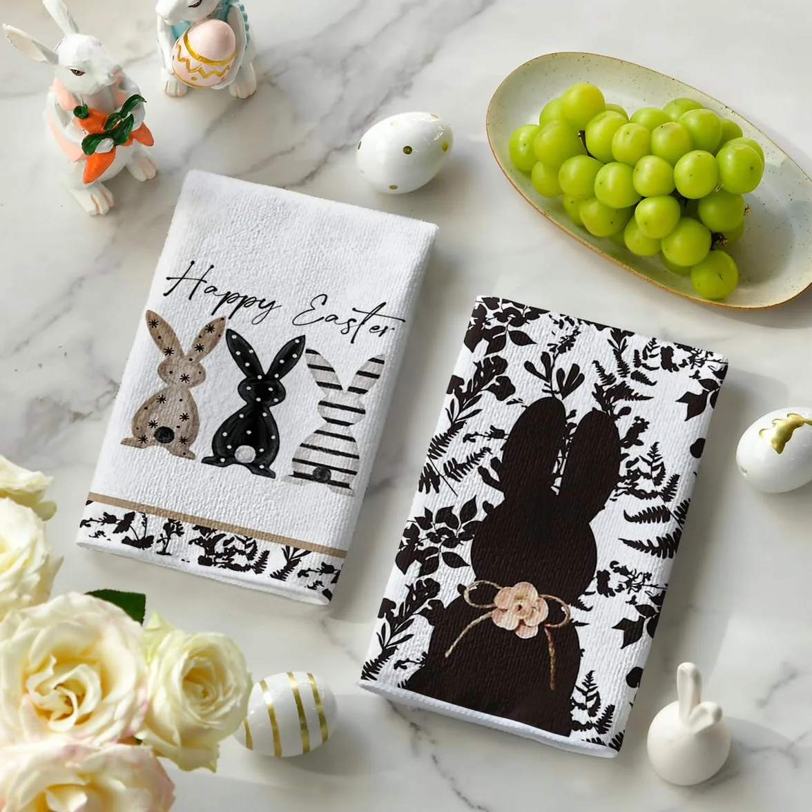 Artoid Mode Czarne króliki kwiaty liście Happy Easter kuchenne ręczniki do naczyń, 42 x 65 cm wiosna poliester dekoracja ręczniki do herbaty zestaw 2 szt