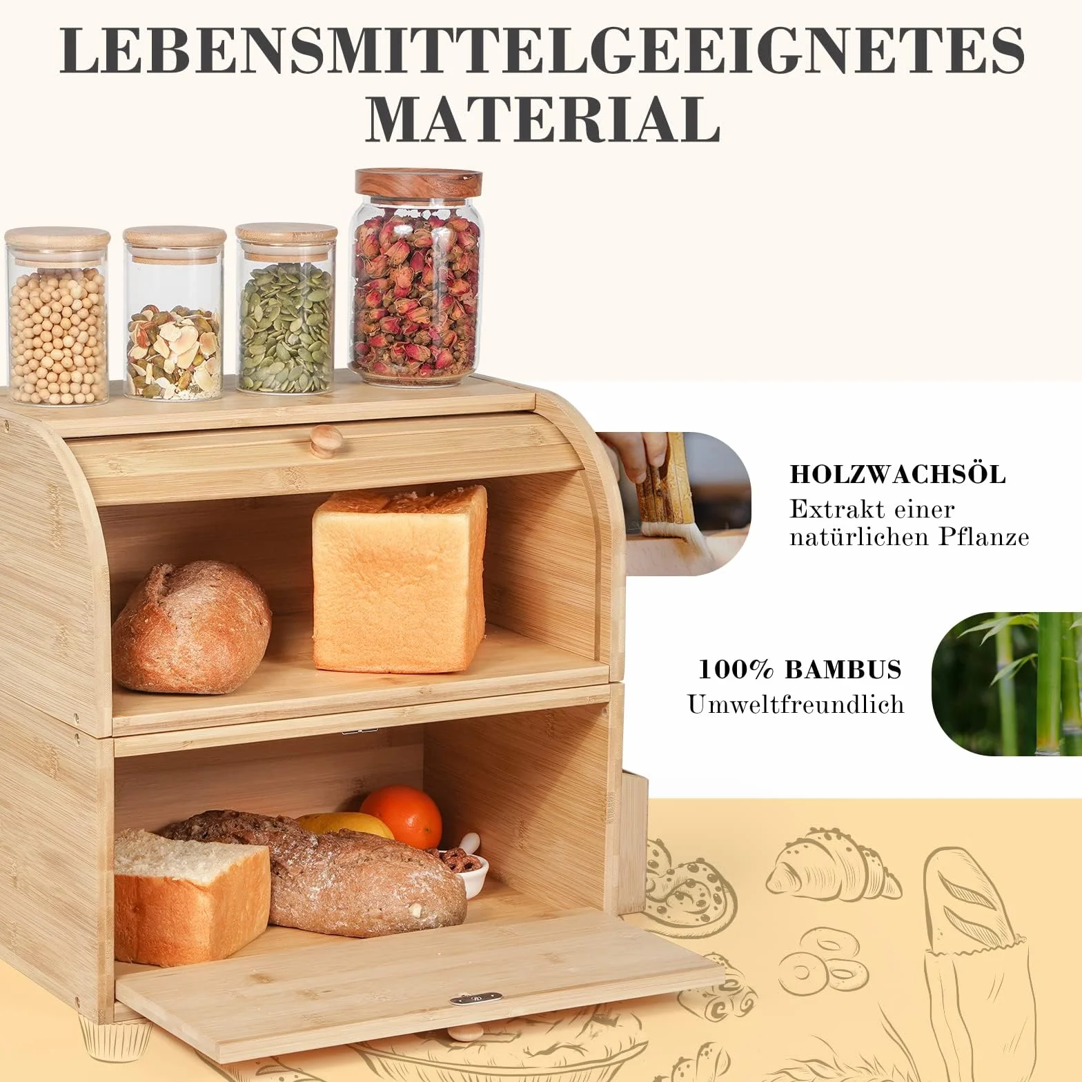 GUUSII HOME Chlebnik Drewniany Duży Retro Eco Chlebnik Pokrywa rolki Dwuwarstwowy pojemnik na chleb z możliwością układania w stosy 38x25x36cm Naturalny bambus Zachowuje świeżość i smak