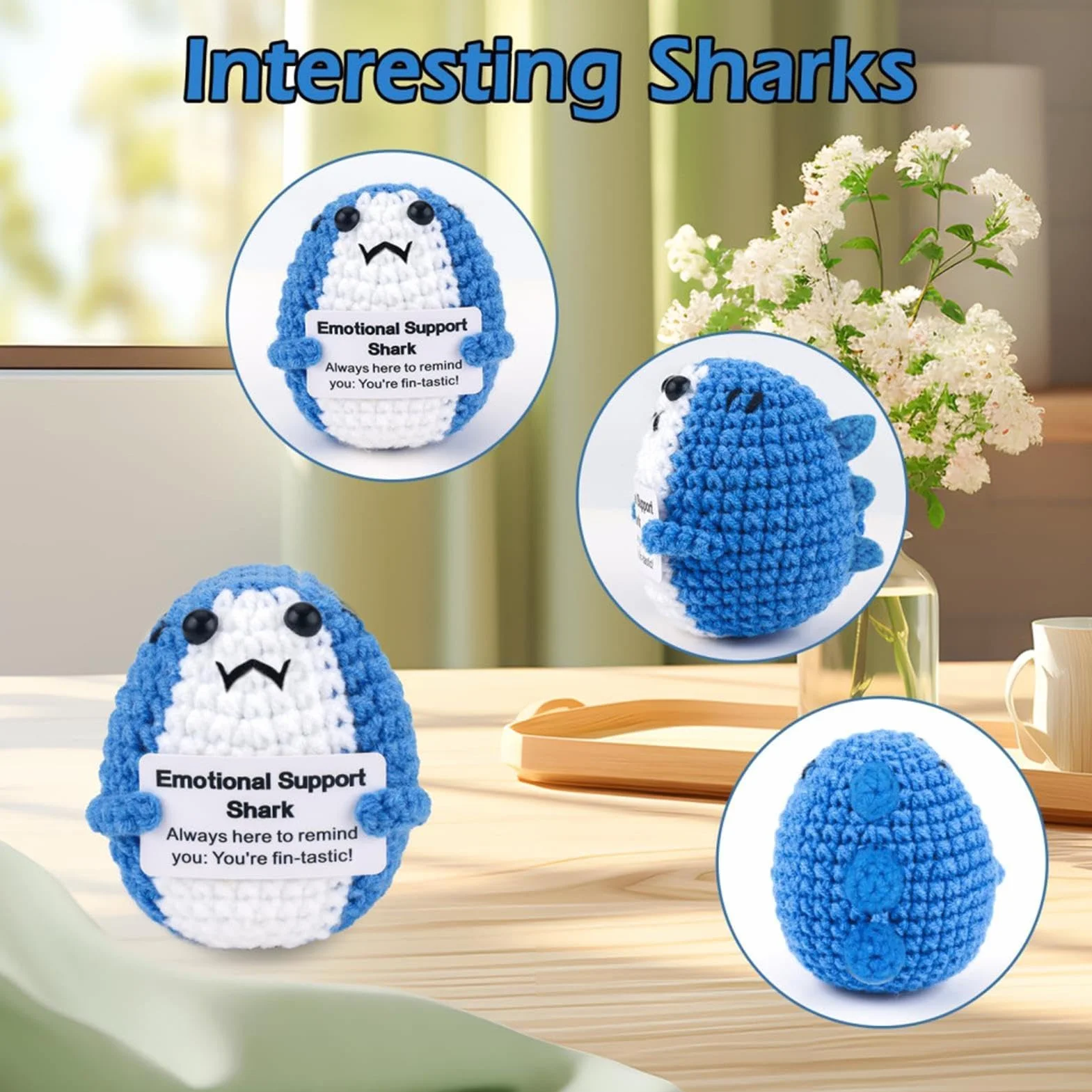 Emotional Support Shark, Positive Knitted Shark, 2.36x2.17x2.95in Soft Plush Support Animal, Gray/Pink/Blue Handmade Harpy Doll, Comforting Stuffed Toy for Boys and Girls