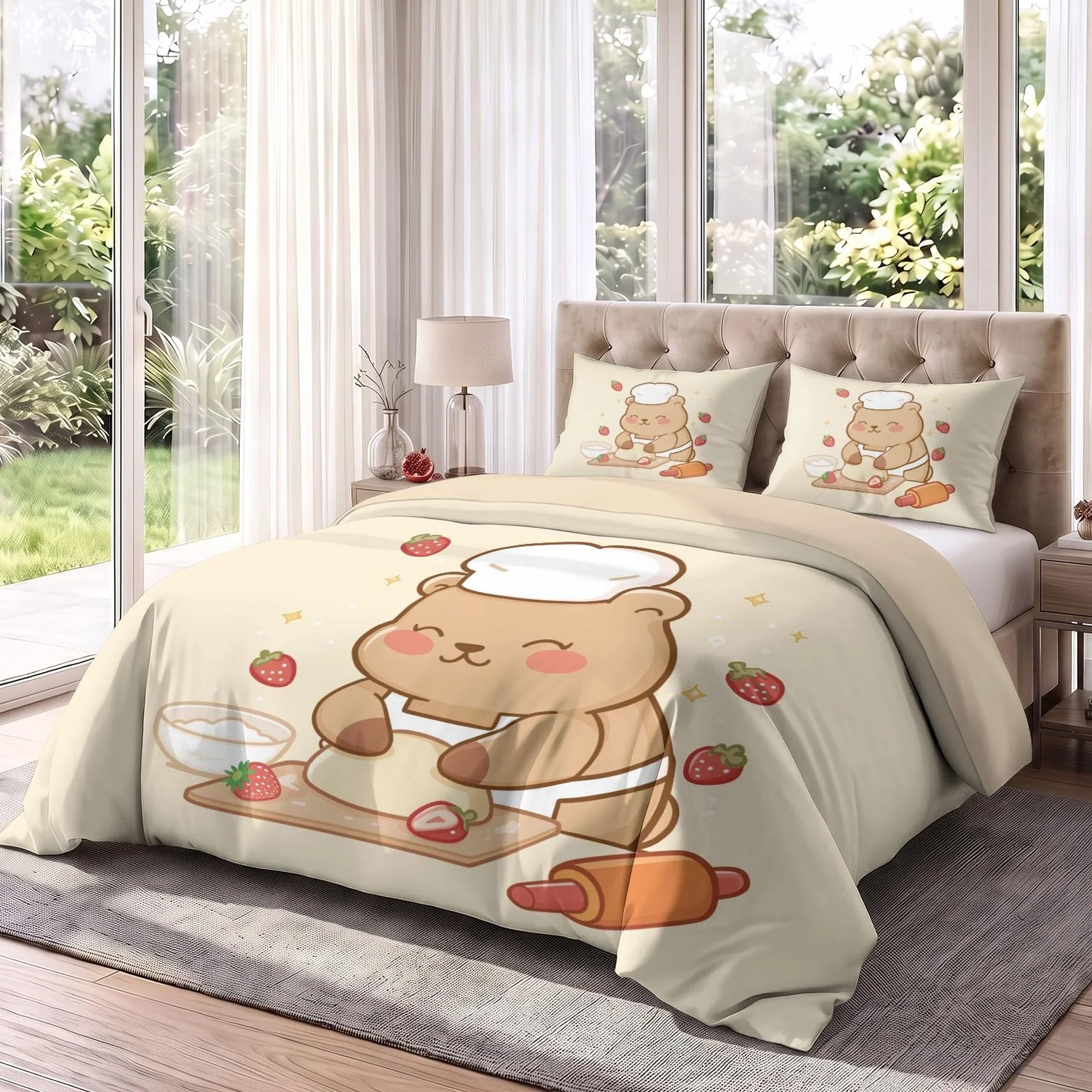 Generisch Cartoon Capybara komplet pościeli, zabawny zestaw pościeli z motywem jedzenia, 200 x 200 cm, 3-częściowy zestaw dekoracyjny, poszewka na kołdrę z mikrofibry z 2 poszewkami na poduszkę 80 x