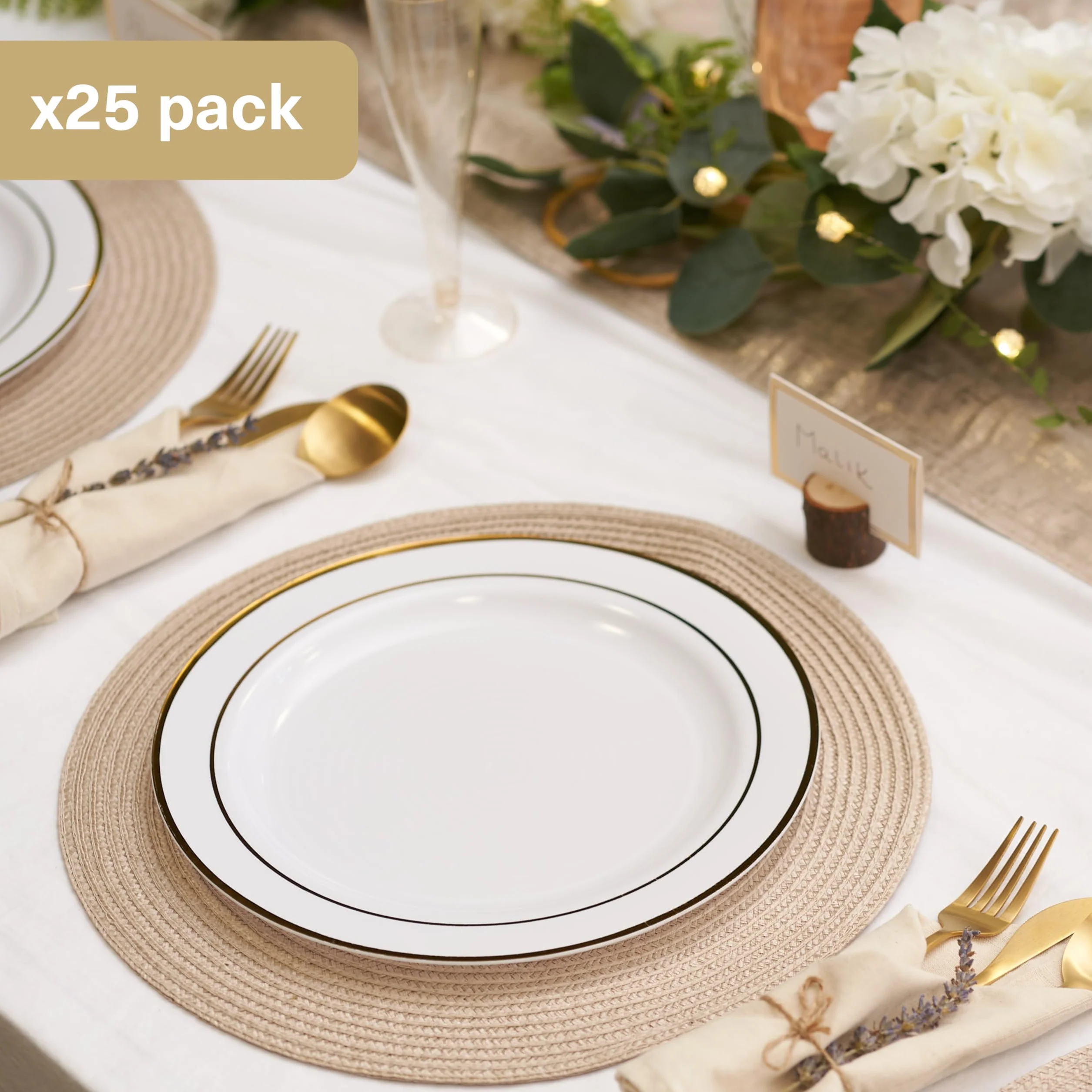 MATANA 25 Białych Plastikowych Talerzyków Premium ze Złotą Obwódką, 26cm - Eleganckie, Wytrzymałe i Wielokrotnego Użytku - Wesela, Urodziny, Chrzciny, Boże Narodzenie, Przyjęcia