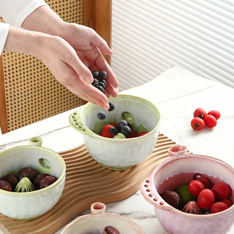 Ceramiczna miska do mycia jagód, samoobracająca się myjka do owoców i warzyw z odpływem, kosz do płukania truskawek i jagód, niezbędne akcesoria kuchenne