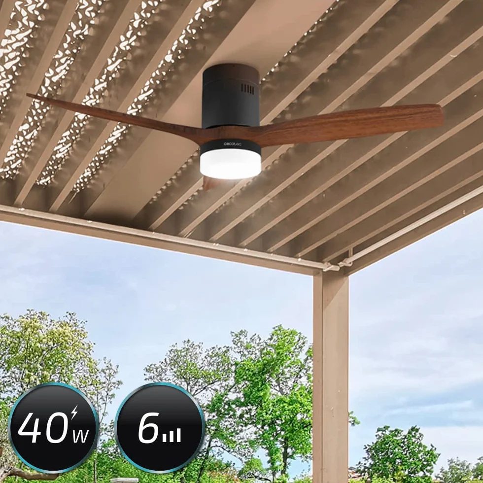 Cecotec EnergySilence Aero 5600 Black Aqua Connected wentylator sufitowy z oświetleniem i Wi-Fi, 40 W, 52", z 3 łopatkami, pilot zdalnego sterowania, ochrona IP44, tryb zimowy-summer, timer