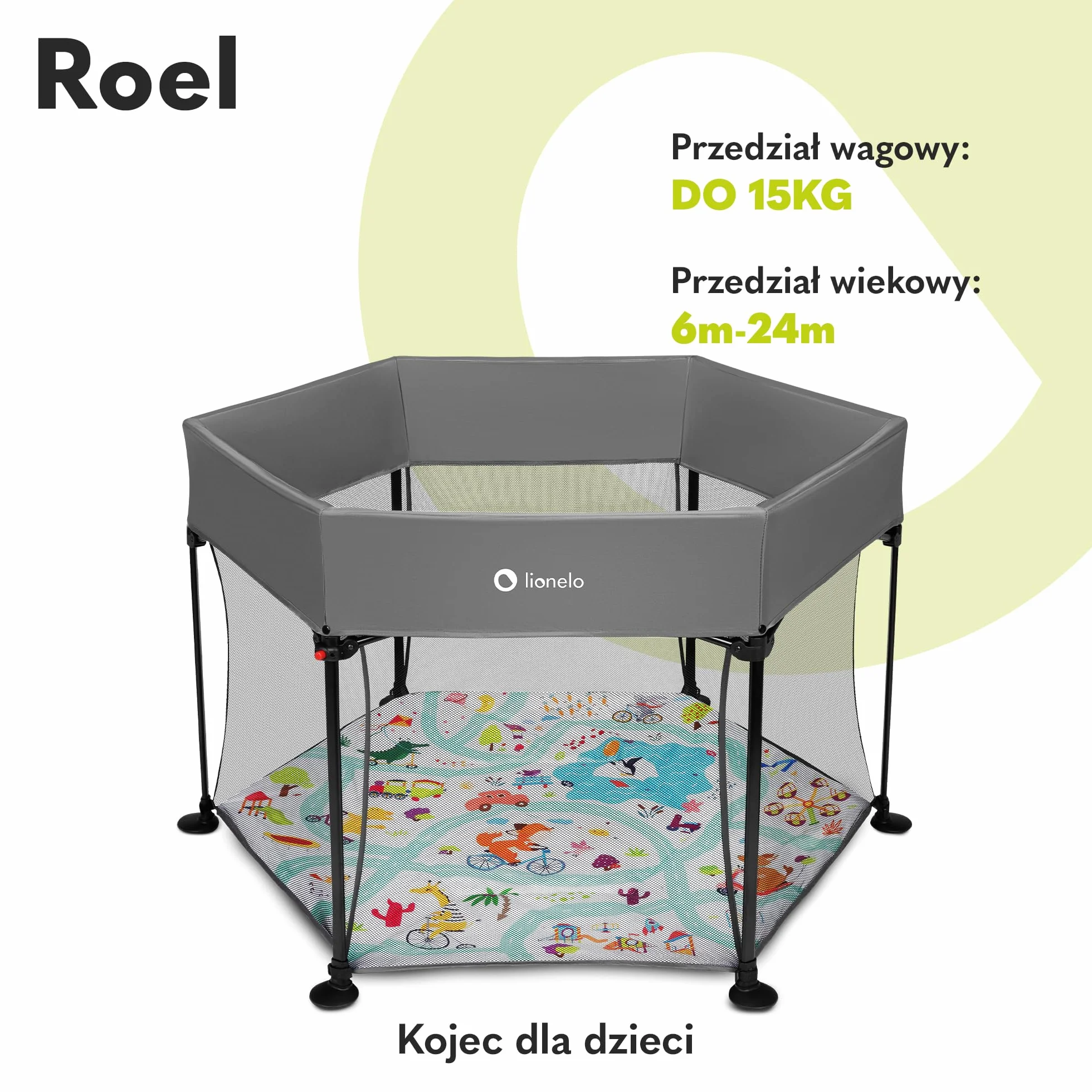 LIONELO Roel kojec dla dzieci do 15 kg, duży format 136 x 86 cm, sześciokątny kształt, LockGuard, zapięcie składane, wzmocniona podstawa, antypoślizgowe stopki, torba ochronna