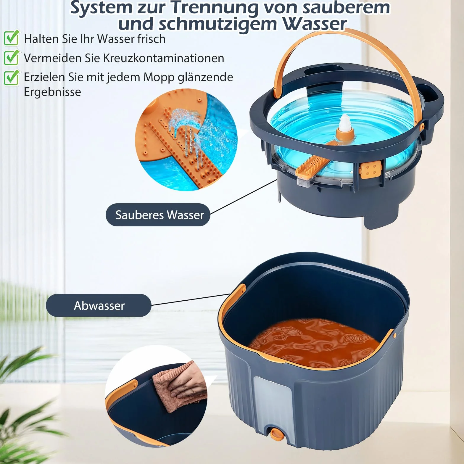 COSTWAY Mop z Wiadrem, Obrotowa Głowica 360°, 2 Podkładki Mikrofibry, Płaska Wycieraczka do Czyszczenia na Mokro i Sucho Niebieski