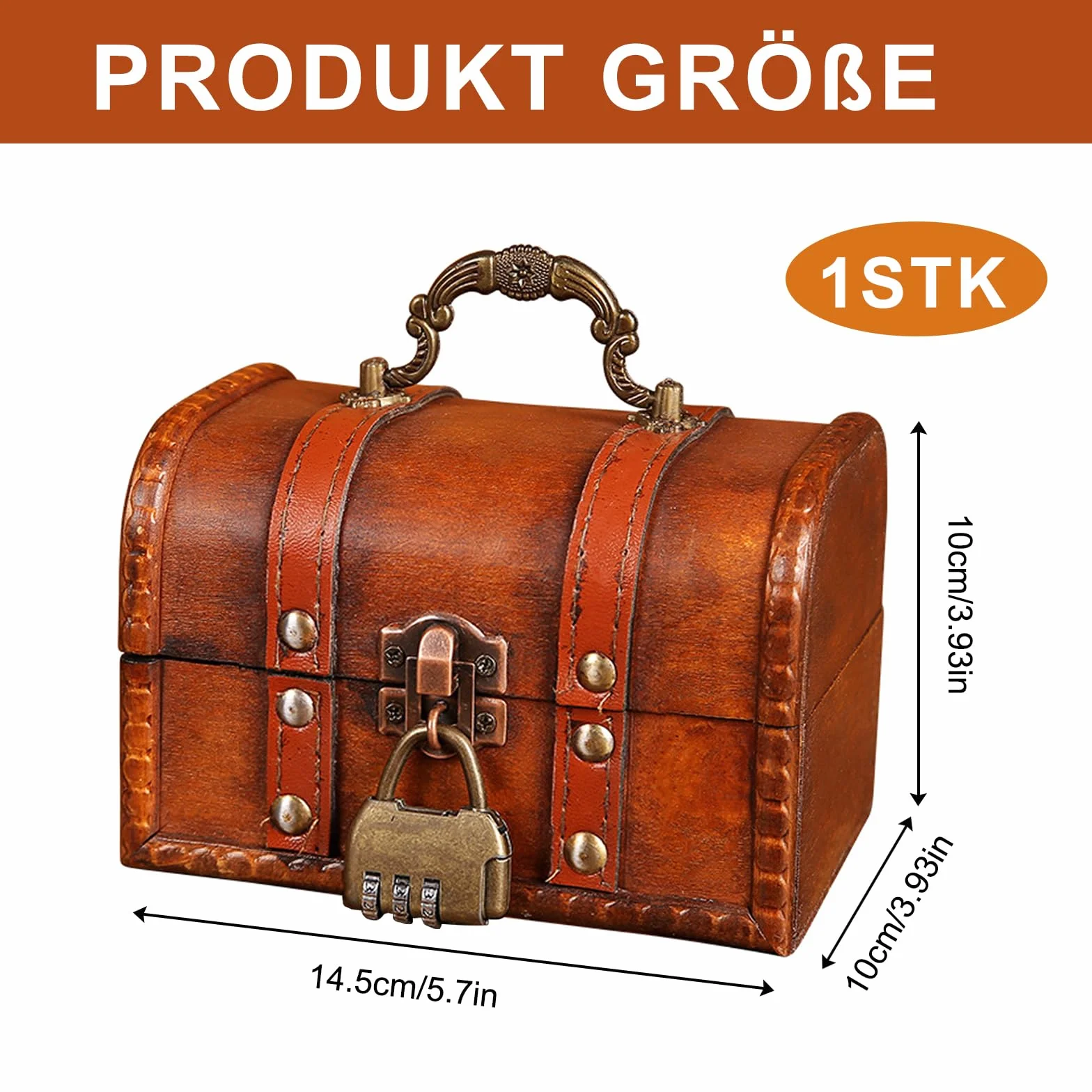 Drewniana skrzynia na skarby vintage z zamkiem 14,5 x 10 x 10 cm
