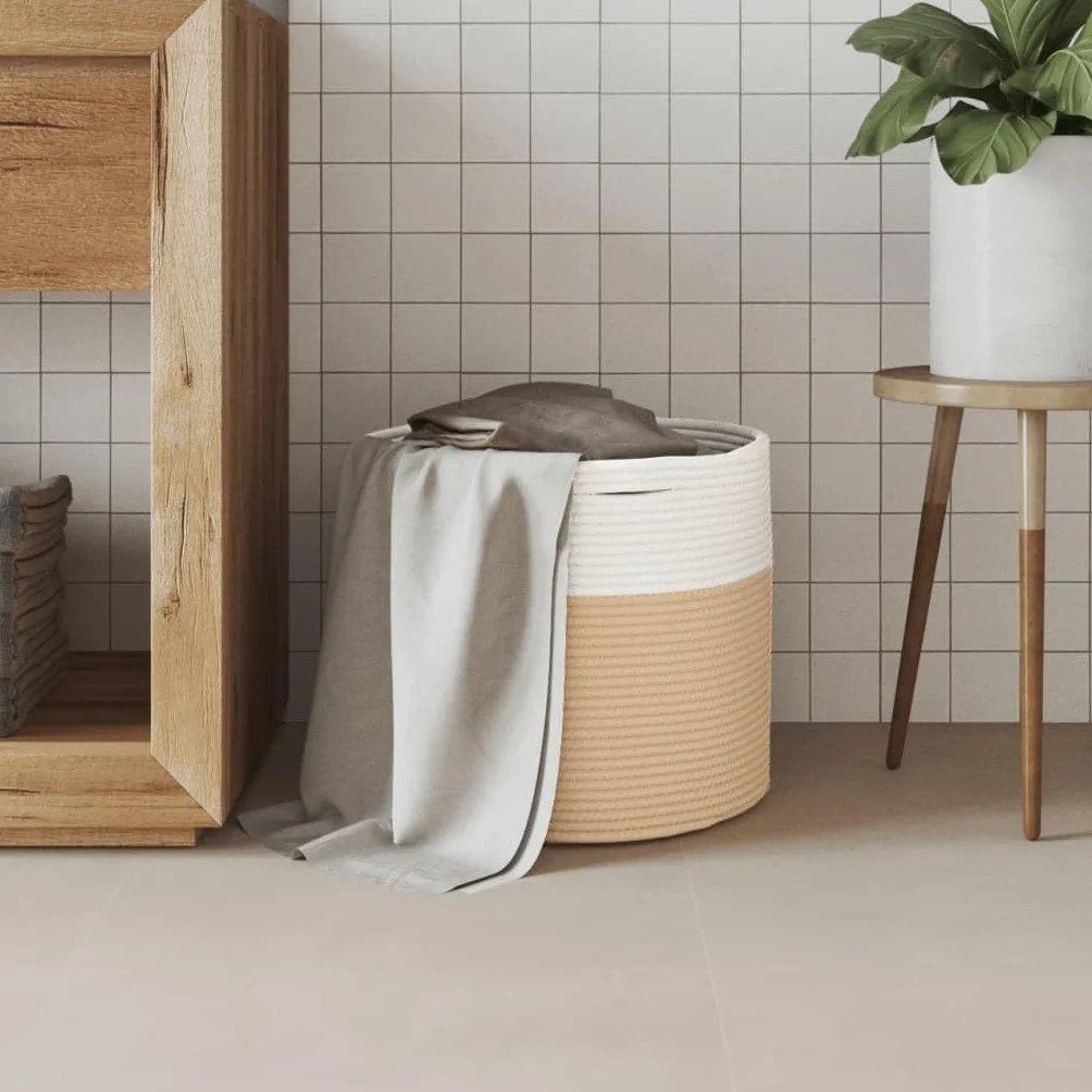 Kosz do przechowywania z plecionej bawełny 40x35 cm Beżowy Biały | Składane z solidnymi uchwytami, można prać ręcznie, do ręczników do zabawek