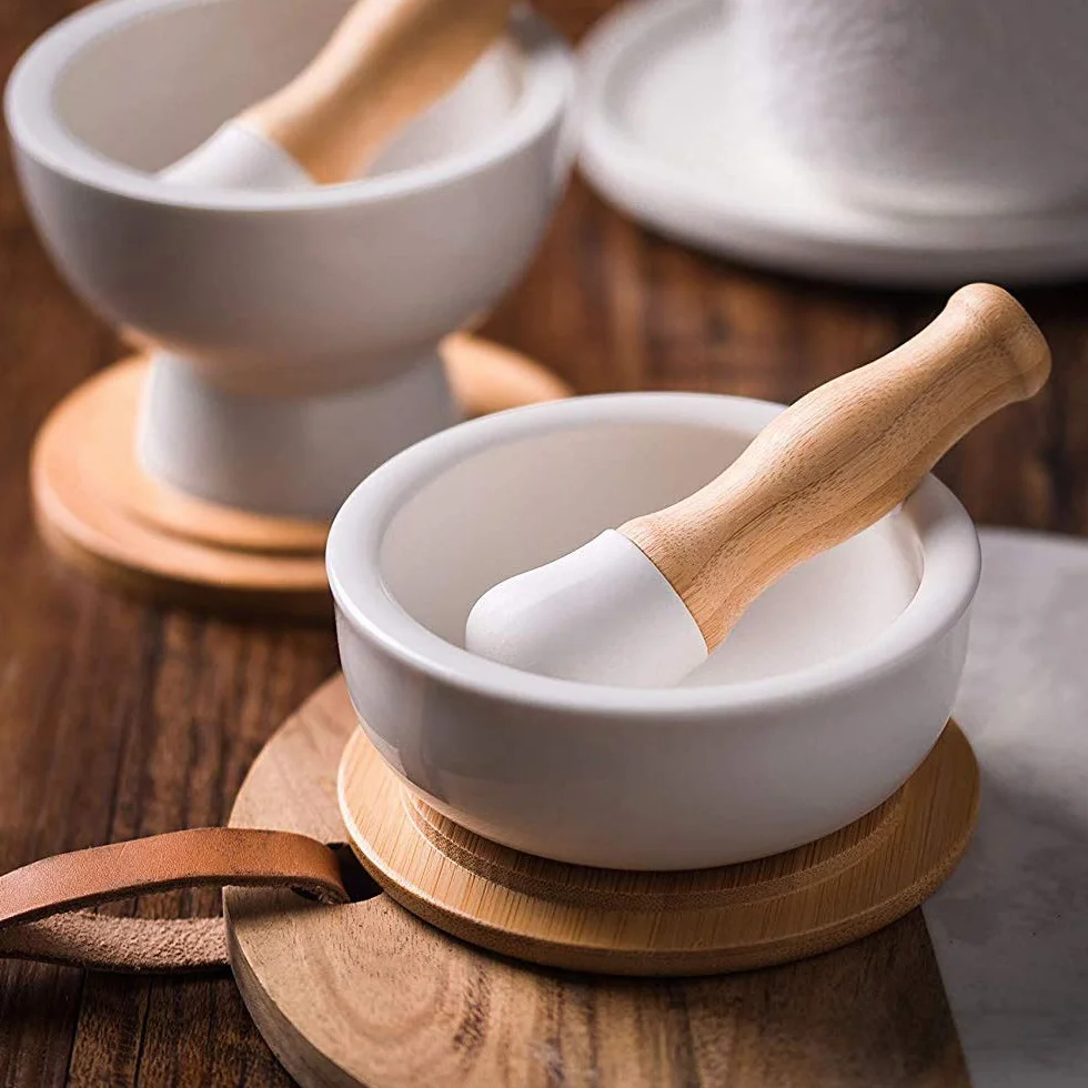Porcelanowy zestaw moździerzów i tłuczków – kruszarka do tabletek, młynek do przypraw, miska na zioła, proszek pesto, molcajete do soli, pokrywka plus, antypoślizgowa podstawa