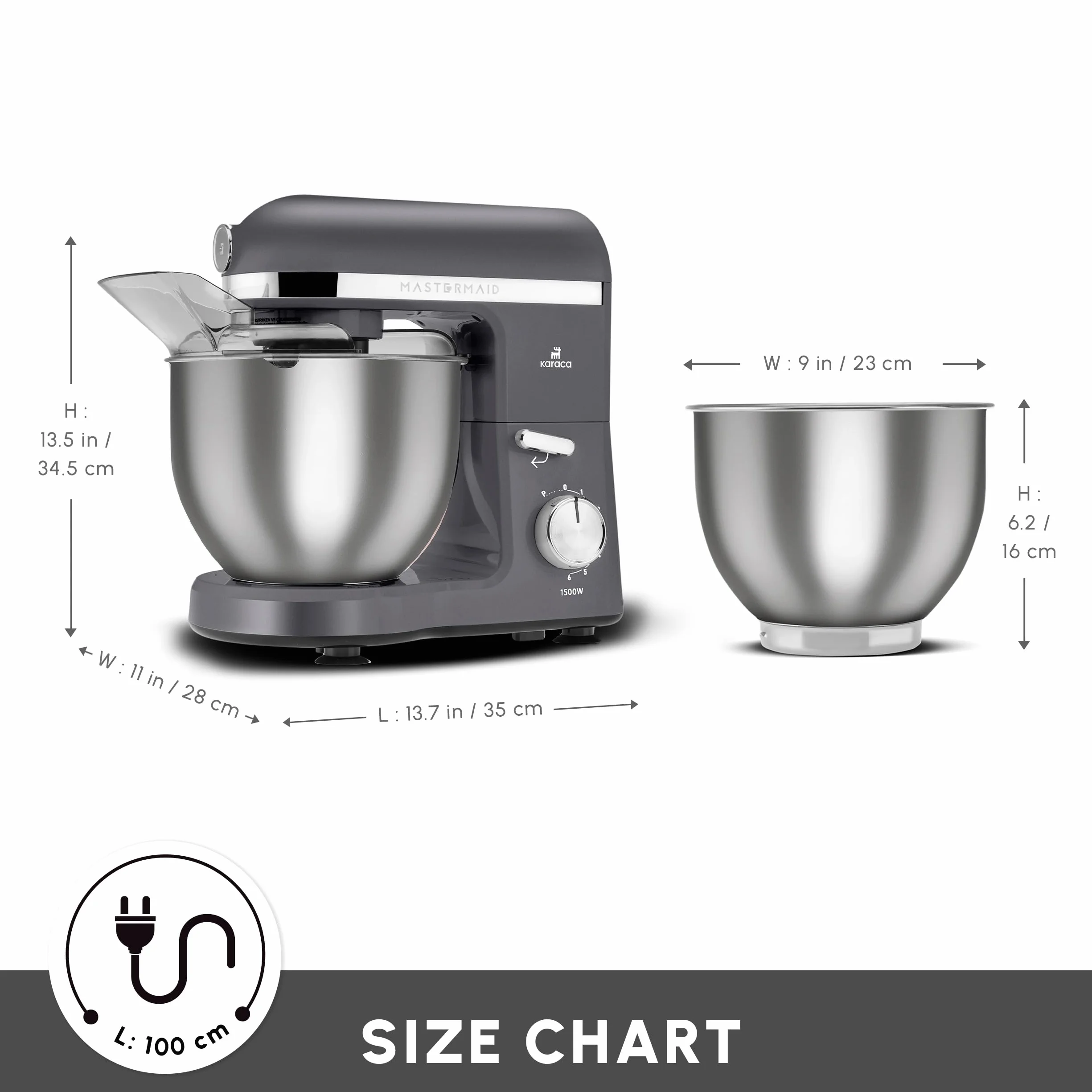 Karaca Mastermaid Chef Pro kuchenka dwuramieniowa, 1500 W, gwiezdna szarość, 1500 W, mikser 5 l, mikser kuchenny, regulacja prędkości, hak do ugniatania, ubijanie,
