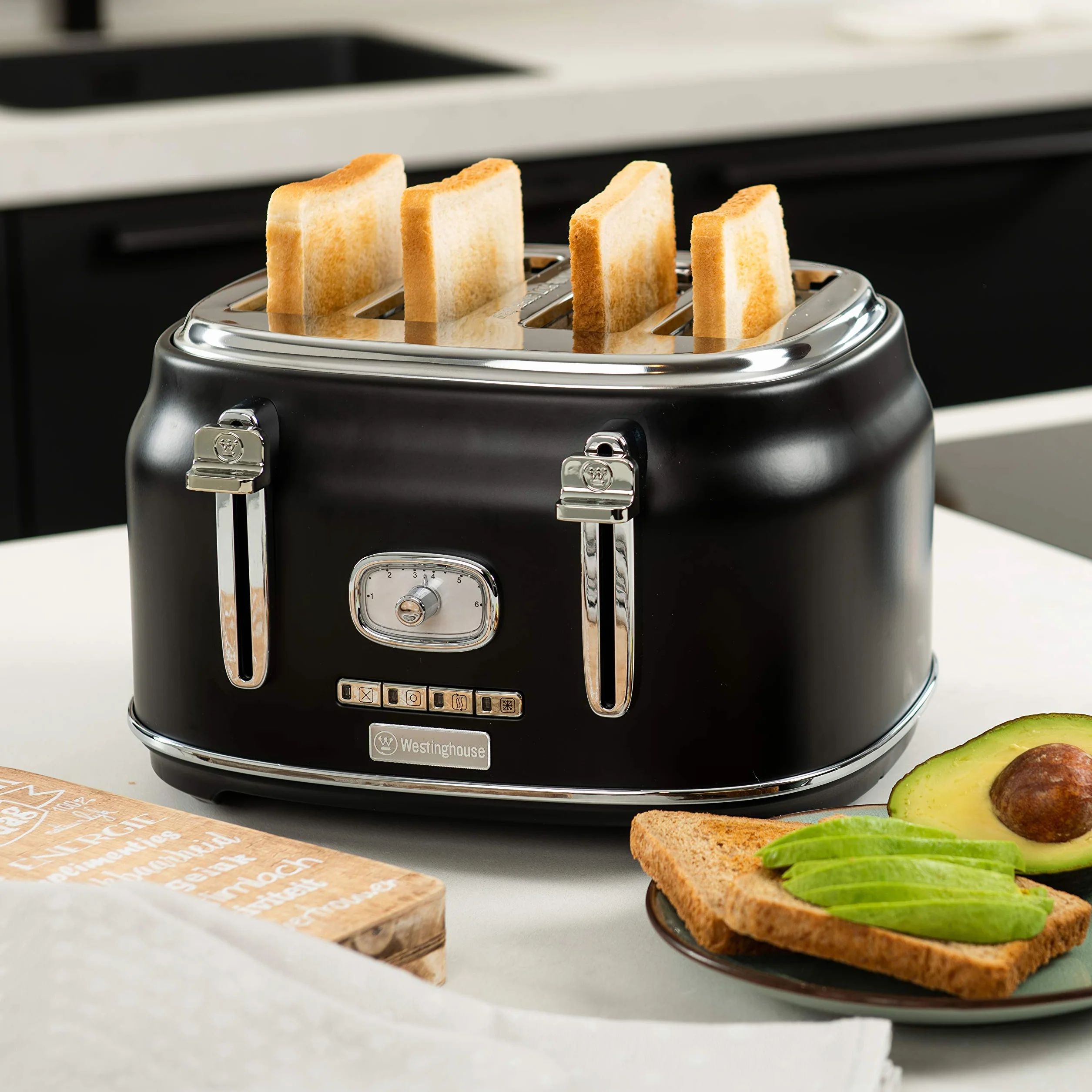 Westinghouse Retroline zestaw śniadaniowy, czarny, toster, blender ręczny i czajnik, 1,7 l i filtr wapienny, czterolistny toster z nasadką na bułki, blender ręczny z 4 stopniami prędkości