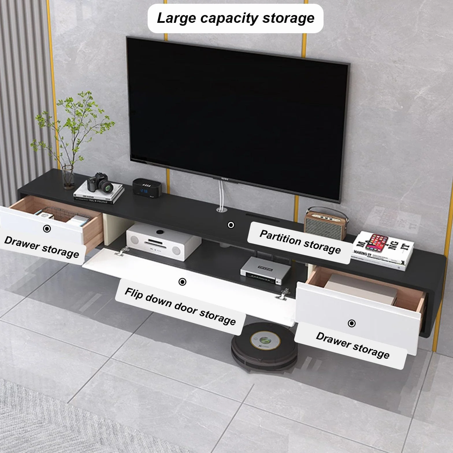 Stylowa montowana na ścianie szafka pod telewizor 180 cm konsola multimedialna z 2 szufladami nowoczesna czarno-szara centrum rozrywki, oszczędność miejsca, półki do salonu i sypialni