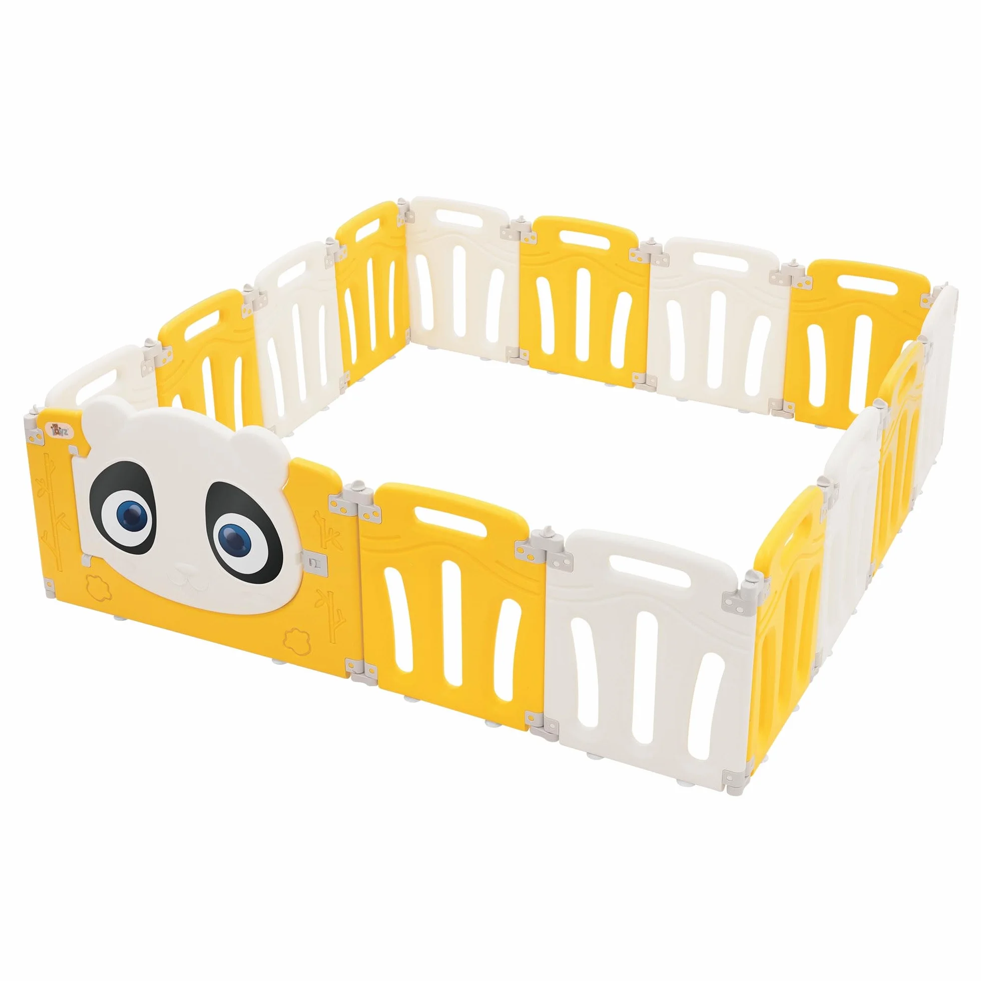 Joyz Kojec Dzieciecy 160×160 cm Skladany Plac Zabaw Panda Bialo-Zólty Plastikowa Barierka z Drzwiczkami i Zegarem Edukacyjnym Ogrodzenie do Pokoju i Ogrodu Bramka Ochronna do Raczkowania Maluchów