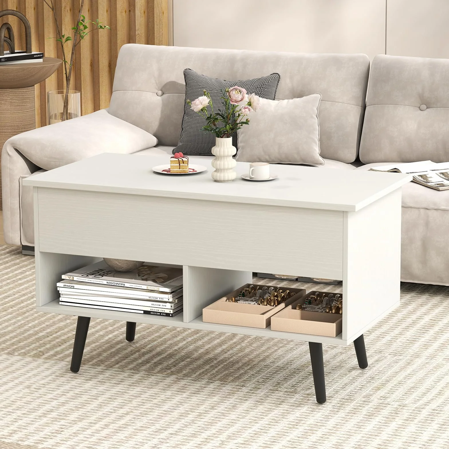 COSTWAY Drewniany stolik kawowy z regulacją wysokości, podnoszonym blatem i 2 otwartymi półkami, wysuwany stół do salonu, biura, 80 x 40 x 44,5-58 cm (biały)