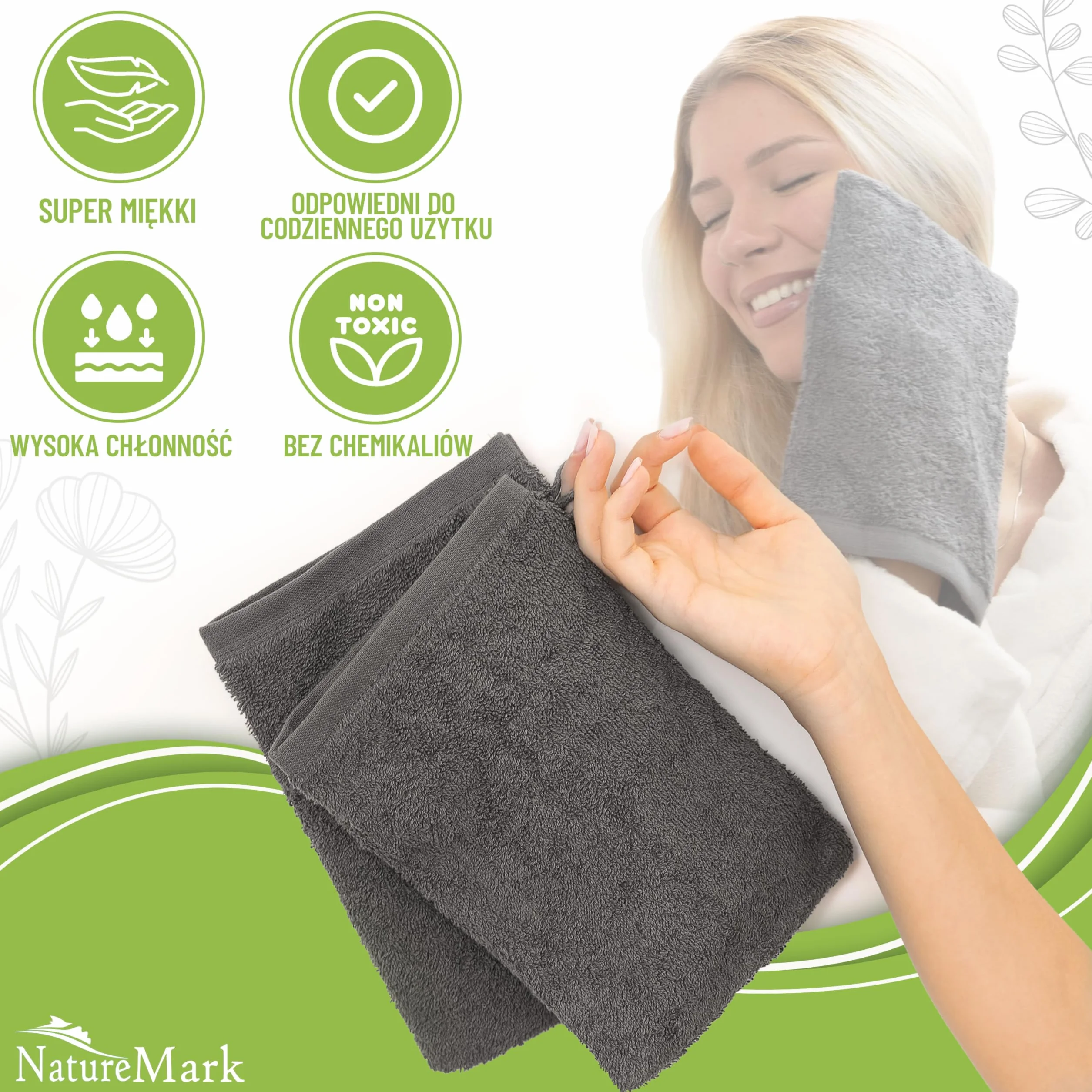 NatureMark Zestaw 10 rękawic kąpielowych z miękkiej frotte 100% bawełna Öko-Tex Antracyt 15x21 cm