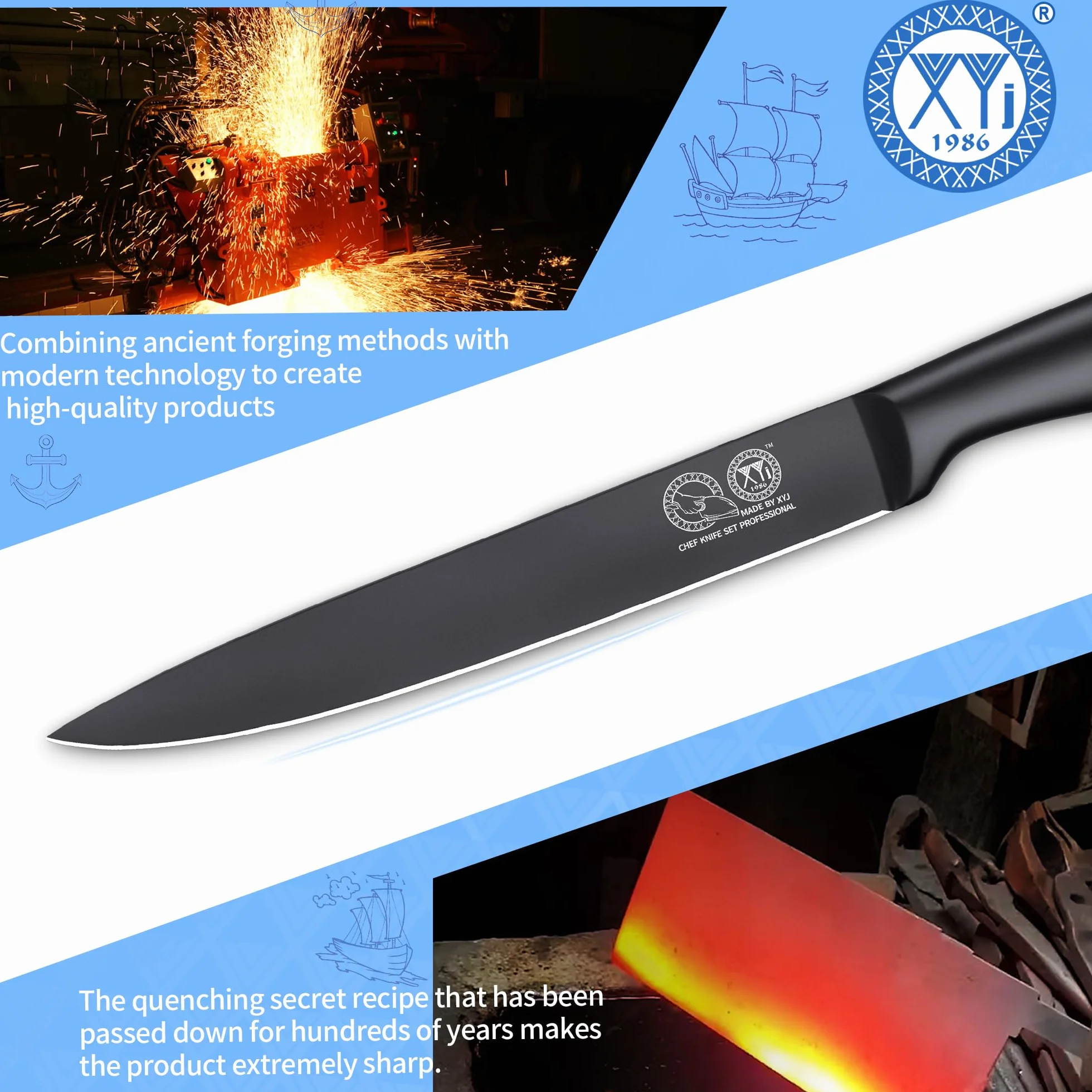 XYJ Kitchen Knife,8 Inch Black Stainless Steel Brisket Knife,Professional Chef Knife,Carving Boning Meat Cleaver BBQ Knife with Ergonomic Handle,Plastic Sheath