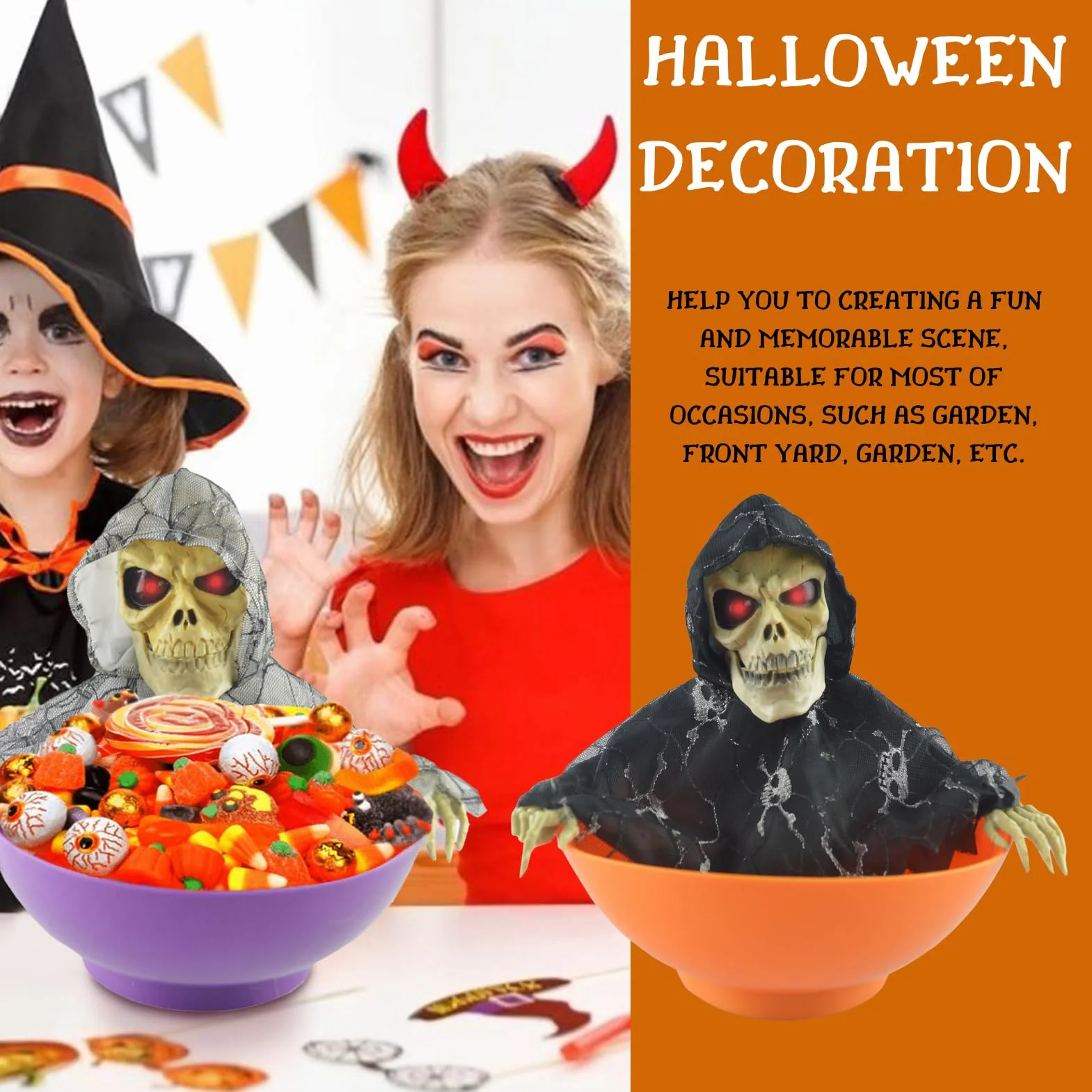 Halloweenowa Miska na Cukierki, Uchwyt na Cukierki na Halloween Animowany Szkielet Elektryczny świecący Duch Czaszka Miska na Cukierki z Czerwonymi Oczami i Przerażającym(Pomarańczowy)