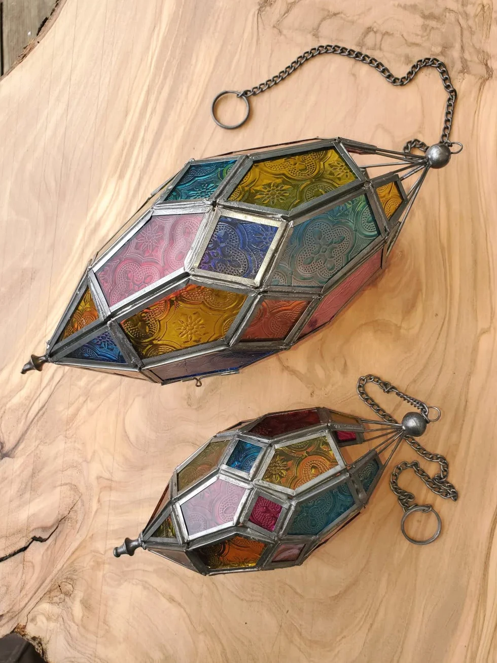 Wisząca szklana latarnia tealight w stylu marokańskim (duża zielona/niebieska)