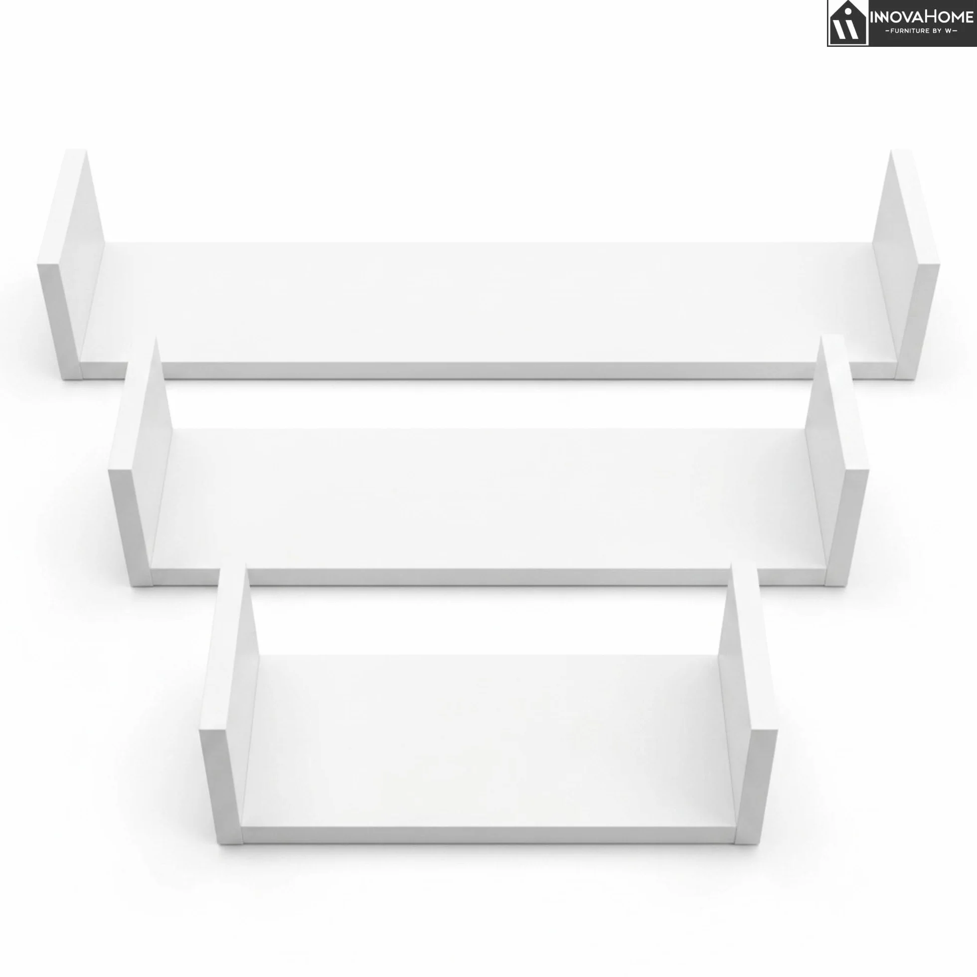 INNOVAHOME Regał ścienny, biały, zestaw 3 sztuk (80/60/40 cm) – regał wiszący w kształcie litery U, płyta 18 mm, niewidoczny montaż, półka ścienna i regał na książki do salonu