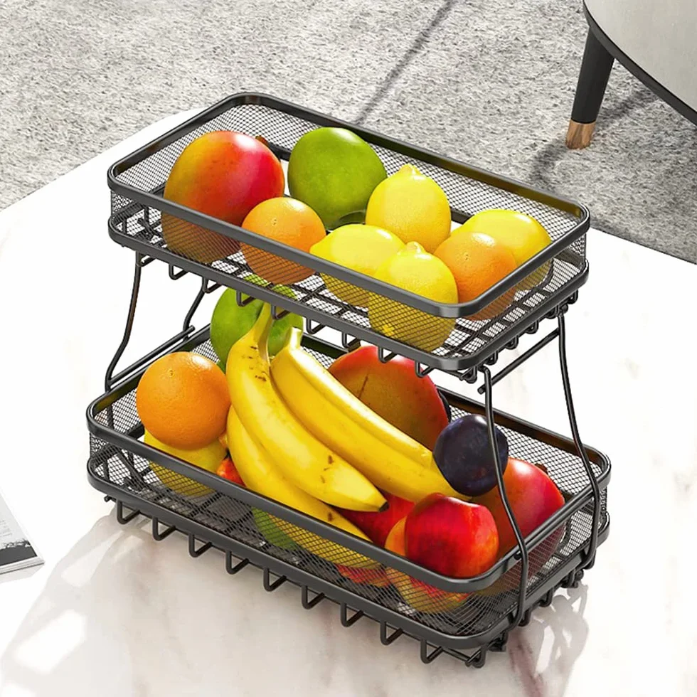 2-poziomowy Kosz do Przechowywania Owoców, Organizer na Blat Kuchenny na Chleb, Kosz na Warzywa i Owoce, Zdejmowany Metalowy Prostokątny Kosz Druciany (37x20x29cm)