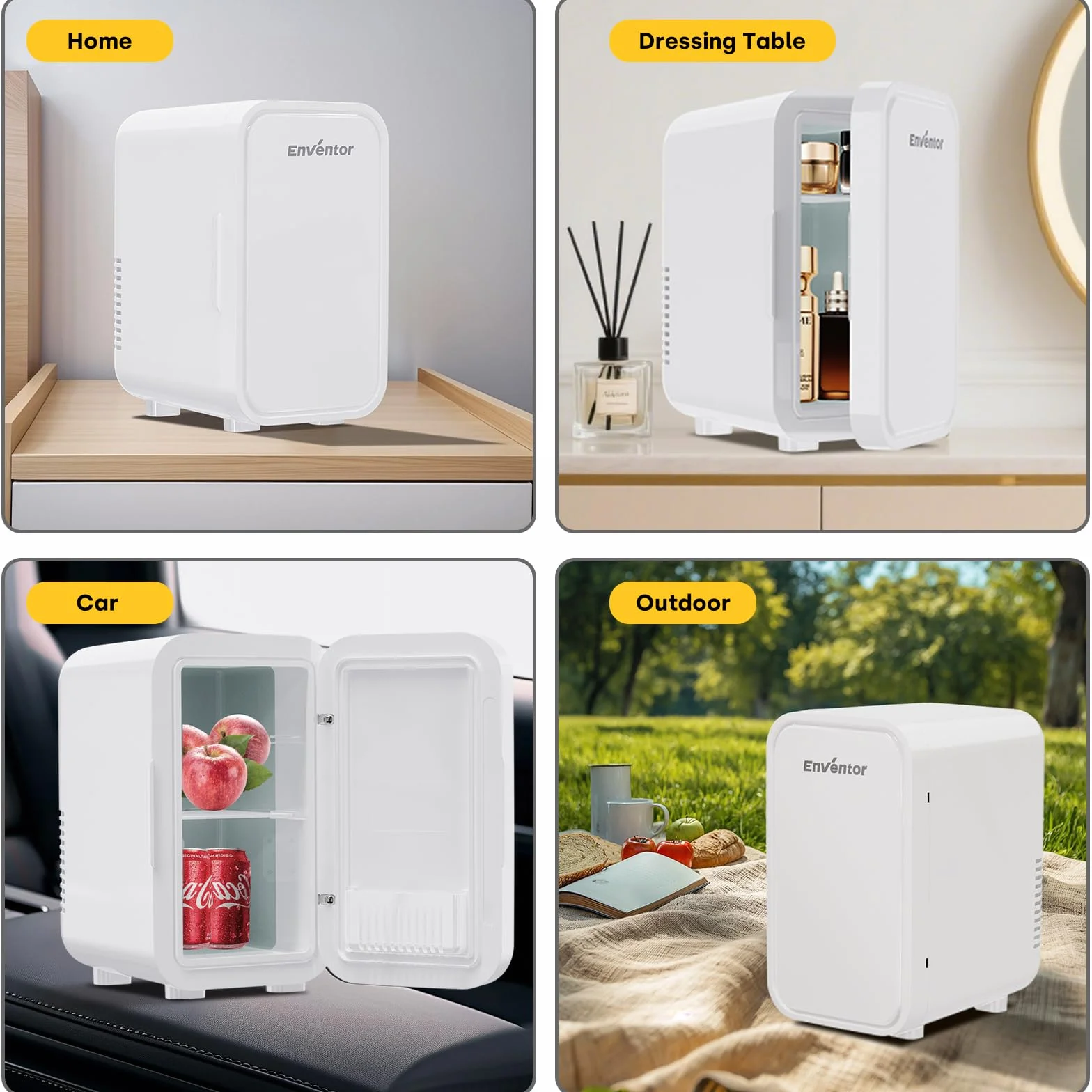 Enventor Mini lodówka, 6 litrów/8 puszek, zasilanie AC+12V DC, przenośna chłodziarka i podgrzewacz, mała lodówka do sypialni, samochodu, pielęgnacji skóry, owoców i napojów, biała