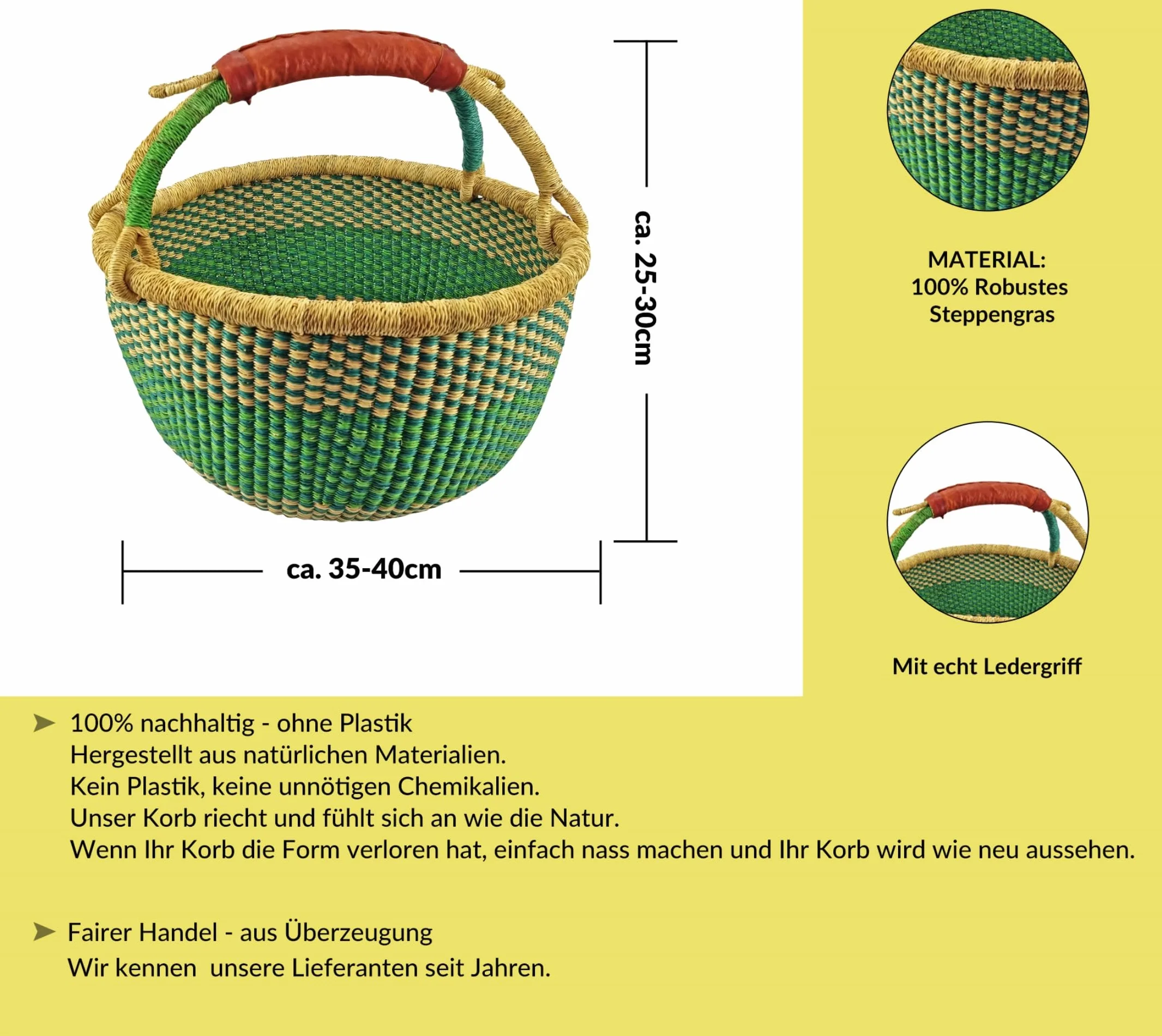 Duży okrągły kosz Bolga oryginalny afryka Ghana koszyk na zakupy skórzany uchwyt Fair Trade Ca: 35-40 cm