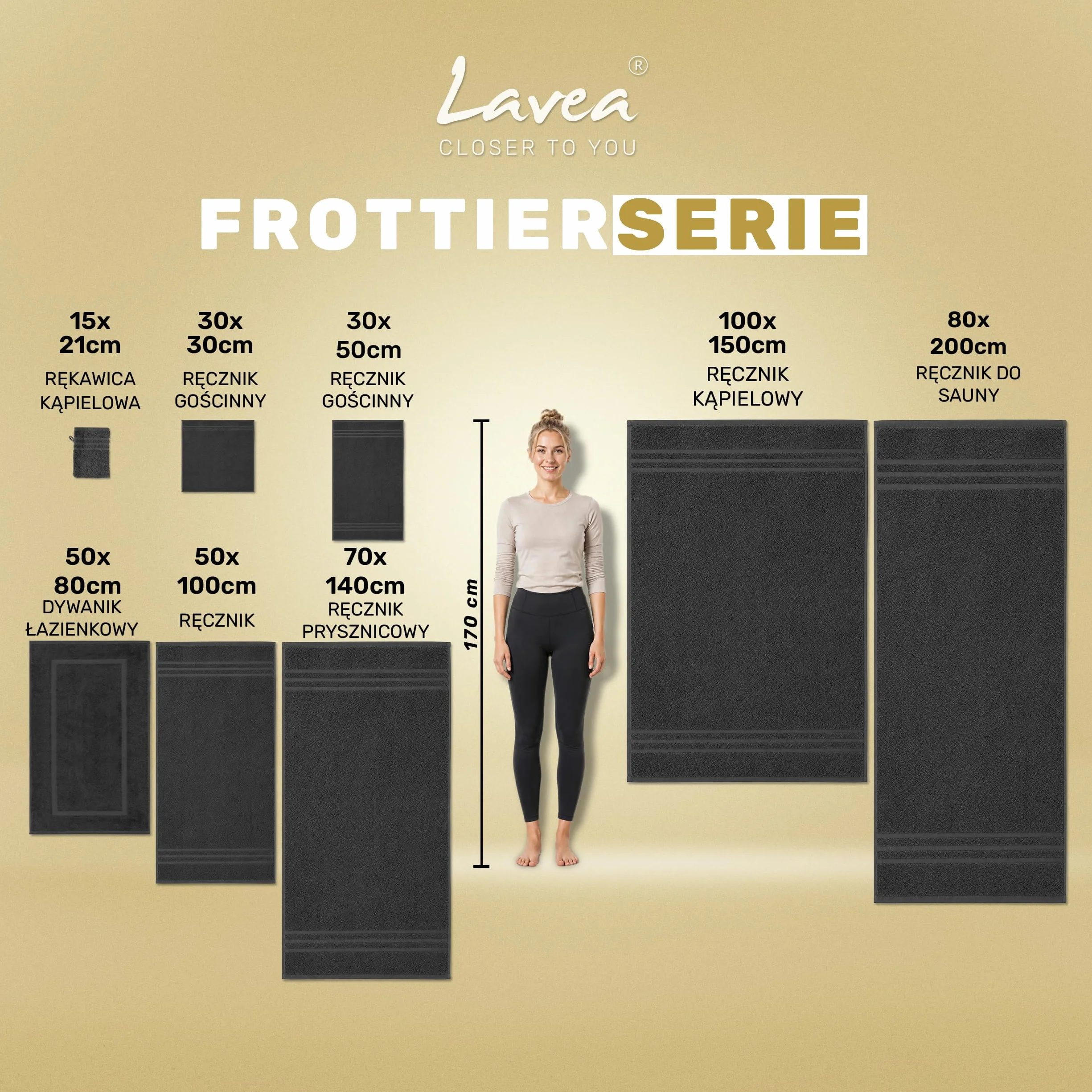 Lavea® Zestaw 4 ręczników kąpielowych 50x100 cm 100% bawełna – Miękkie i chłonne – Idealne jako ręcznik do rąk, ręcznik kuchenny lub do twarzy do domu, hotelu i spa – Czarny
