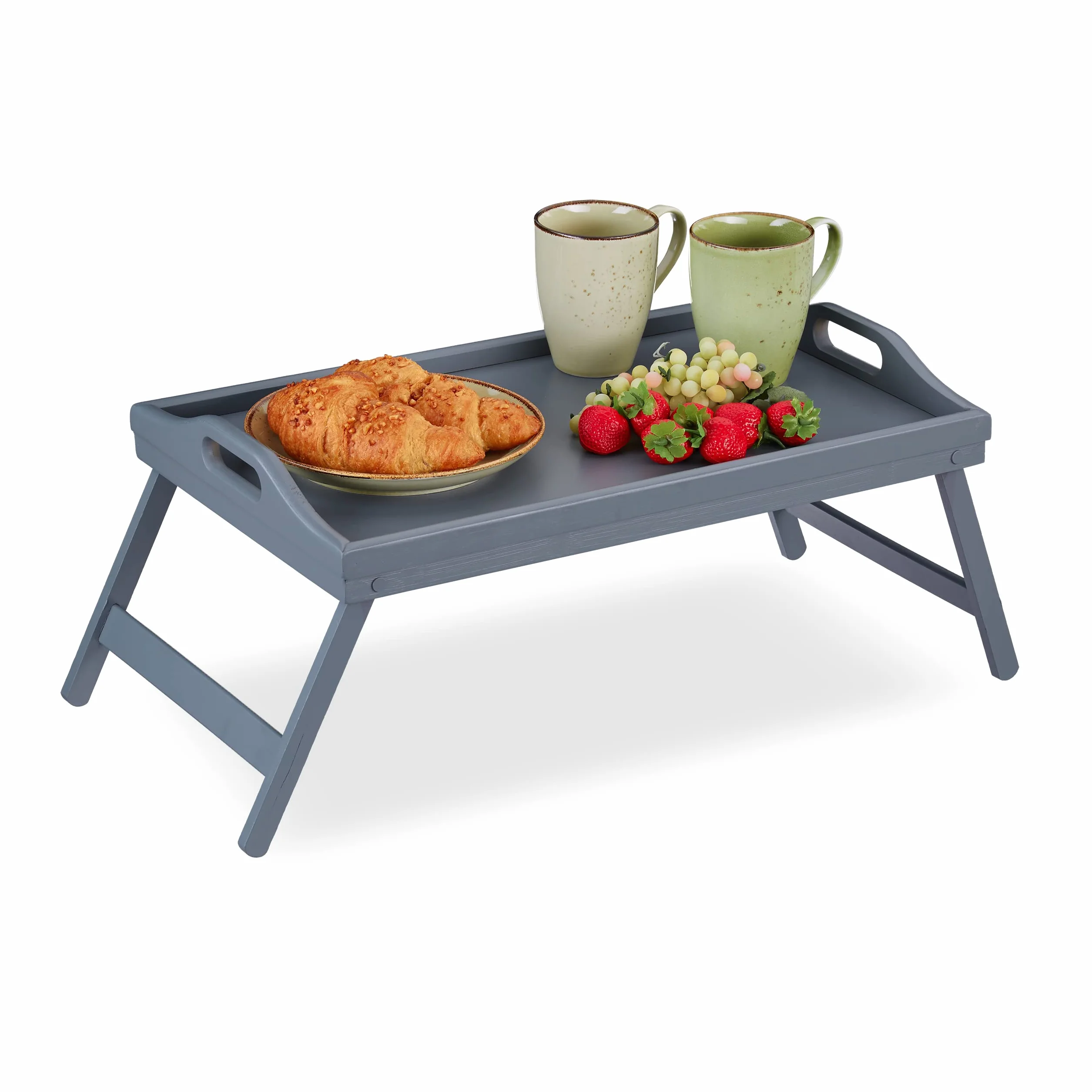 Relaxdays Taca na łóżko bambusowa, składane nogi, podwyższona krawędź, taca śniadaniowa do łóżka, wys. x gł.: 6,5 x 50 x 30 cm, szara