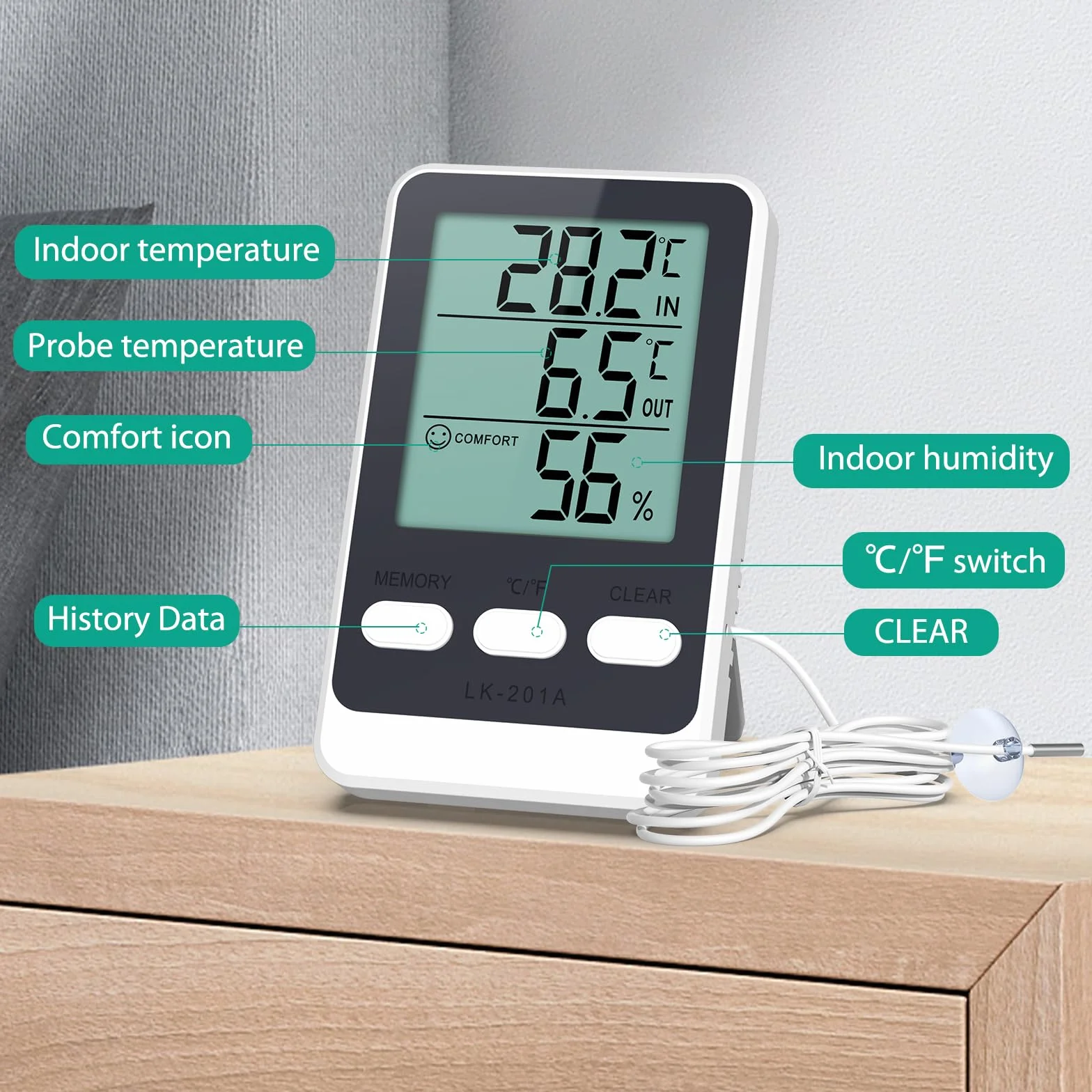 ORIA Termometr do lodówki, cyfrowy termometr LCD z wodoodporną sondą, funkcja min/maks, 3 opcje montażu, mini miernik temperatury, miernik wilgotności do lodówki, zamrażarki, lodówki, akwarium