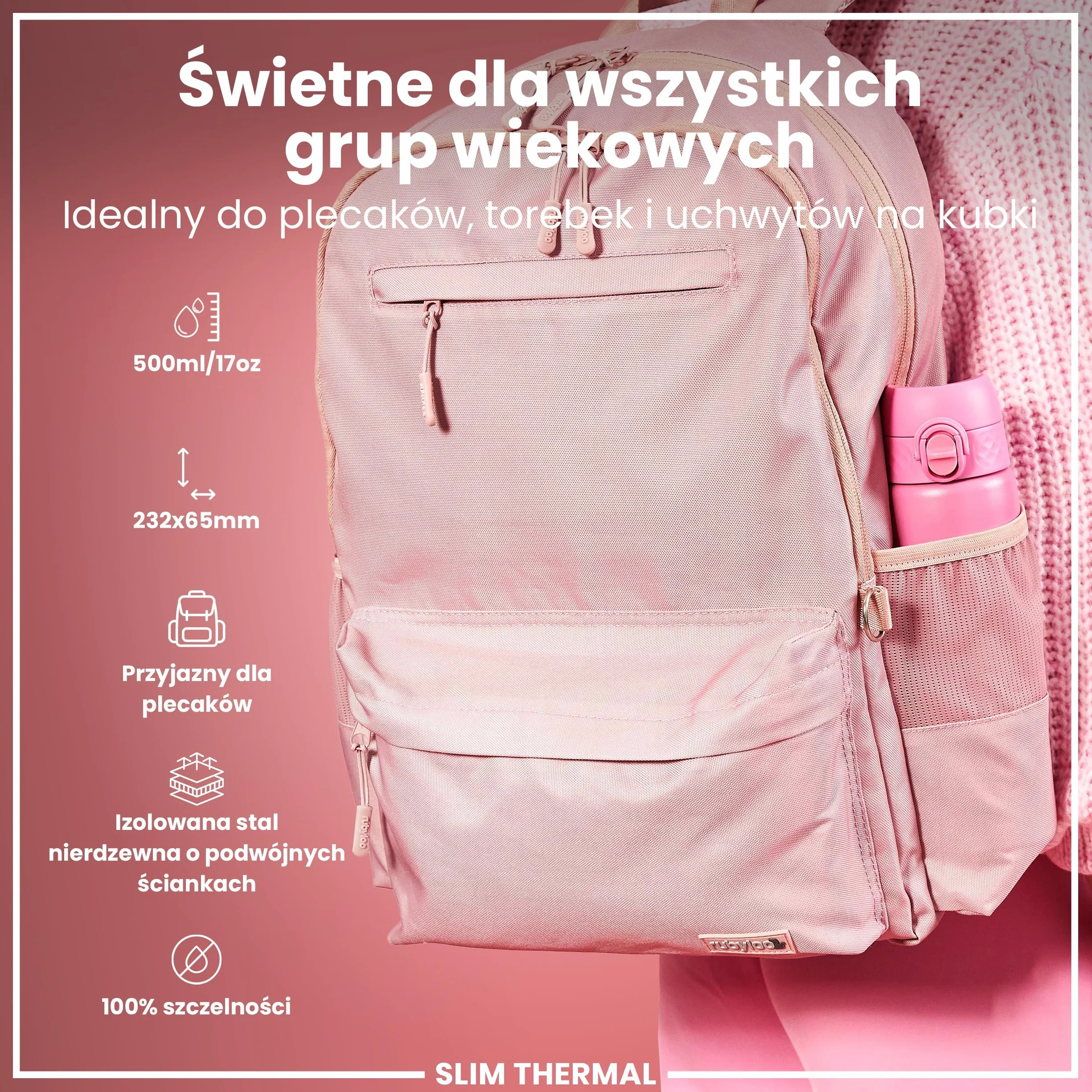 ION8 Termoizolowana Butelka na Wodę, Stali Nierdzewnej, 500 ml/18 oz, Szczelna, Łatwa w Otwieraniu, Bezpieczny Zamek, Można Myć w Zmywarce, Uchwyt do Przenoszenia, Metalowa Butelka, Kwiat Róży