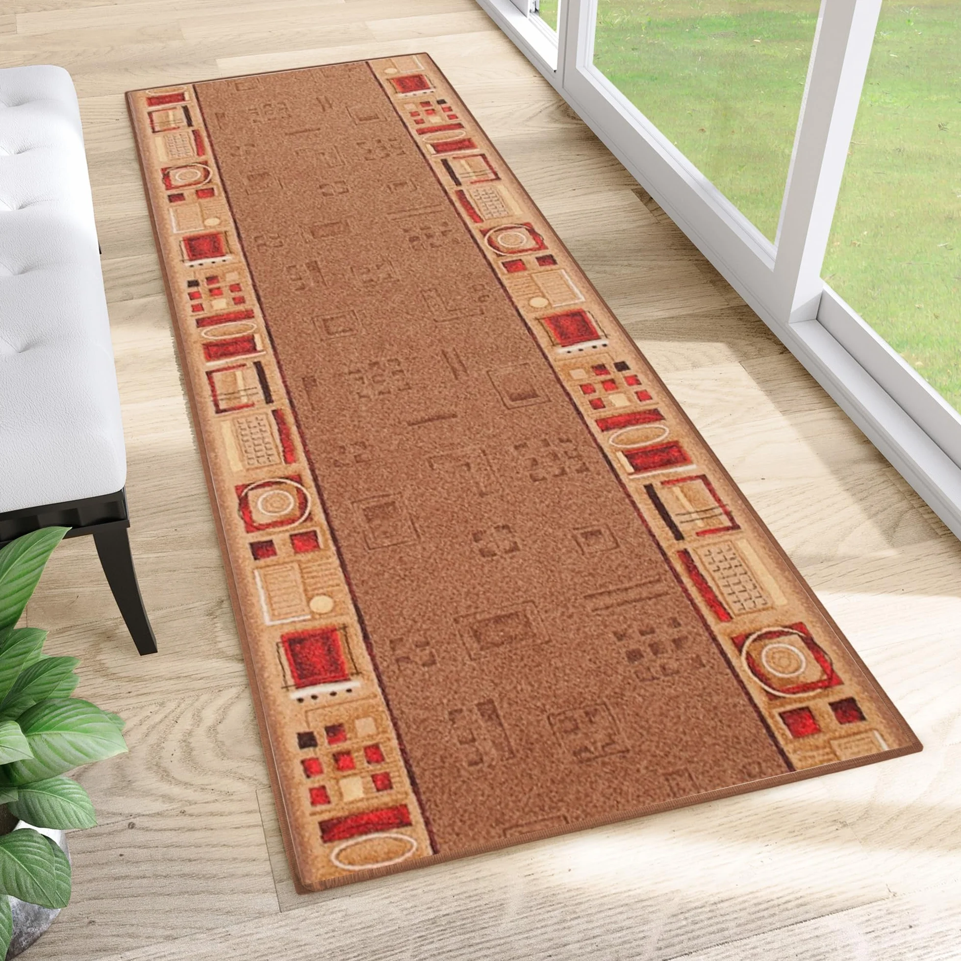 TAPISO Antypoślizgowy dywan, bieżnik antypoślizgowy, towar na metry, nowoczesny, brązowy, czerwony, wzór melanż, do korytarza, kuchni, salonu, 80 x 1500 cm