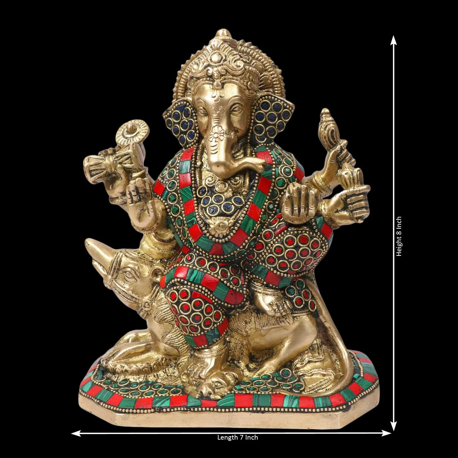 Kartique Mosiężny lord Ganesha Bhagwan idol Mangalkari Ganpati statuetka do wejścia do domu dekoracja salonu siedzący na myszce Mooshak Sawari złoty wielokolorowy wysokość 20 cm