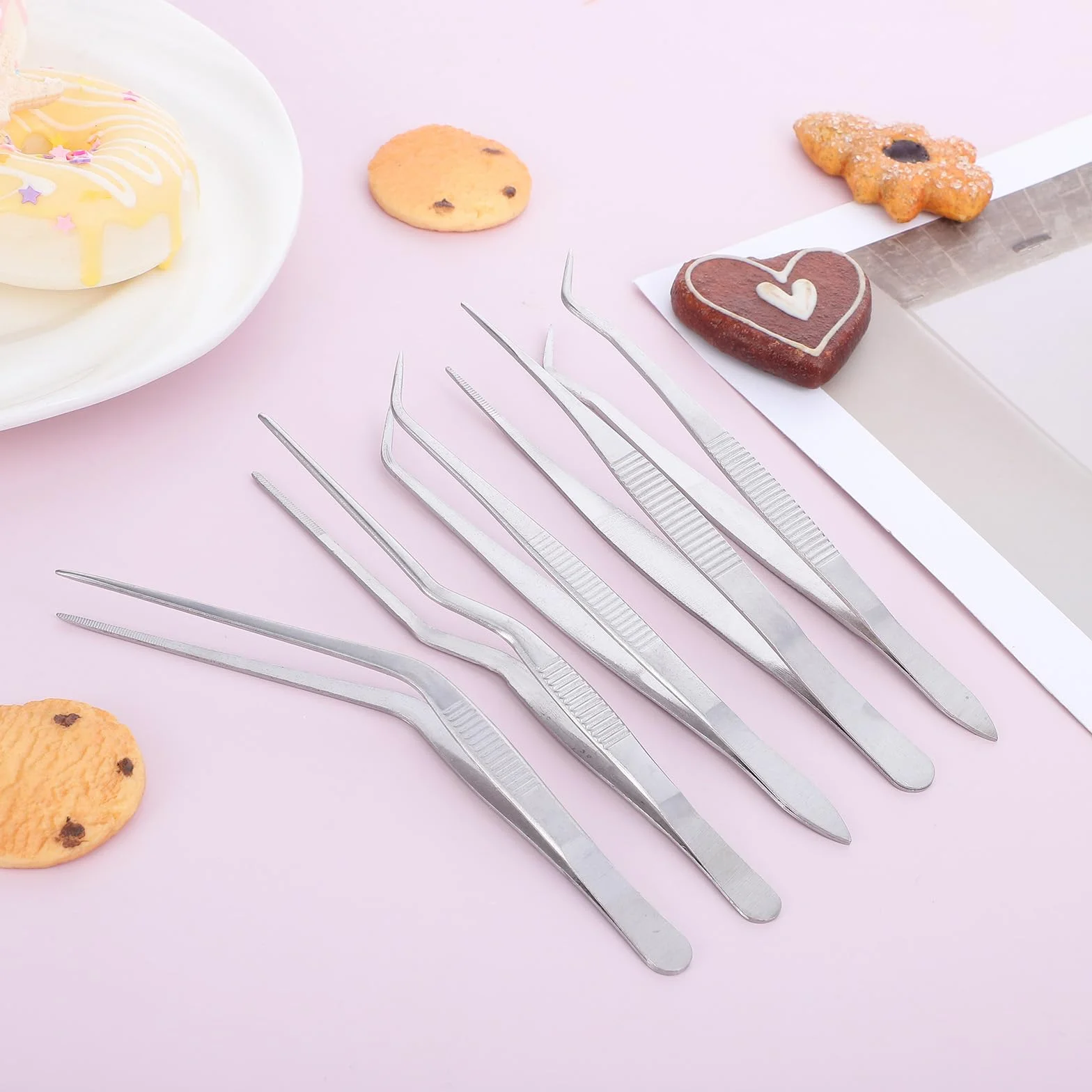 5 sztuk pęseta kuchenna ze stali nierdzewnej, antypoślizgowa pęseta kuchenna, srebrna, szpiczasta i zaokrąglona, pęseta do grilla, do dekorowania potraw, gotowania i pieczenia